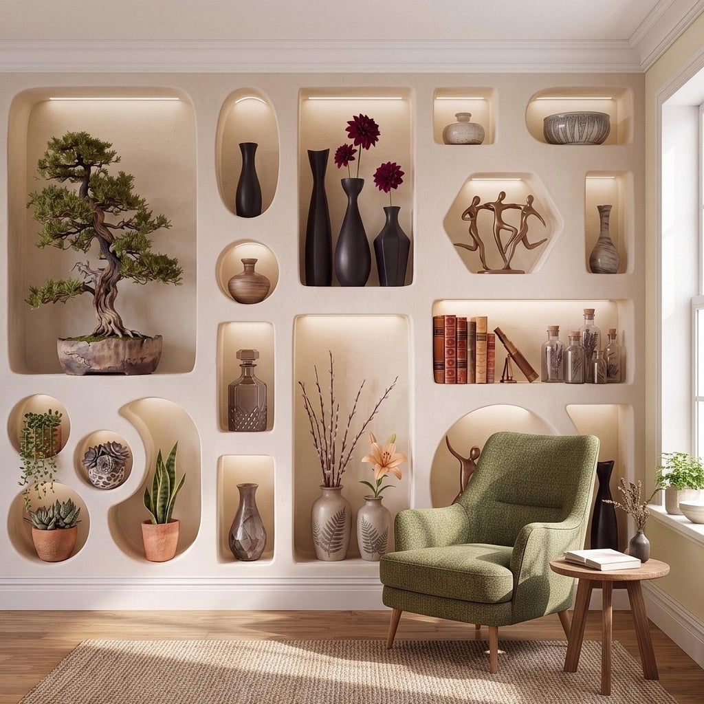 3D Japandi Wall Niches Peel and Stick Wall Mural, Modern Decorative Alcoves Sculptural Display Shelves Architectural Trompe l'Oeil Wallpaper