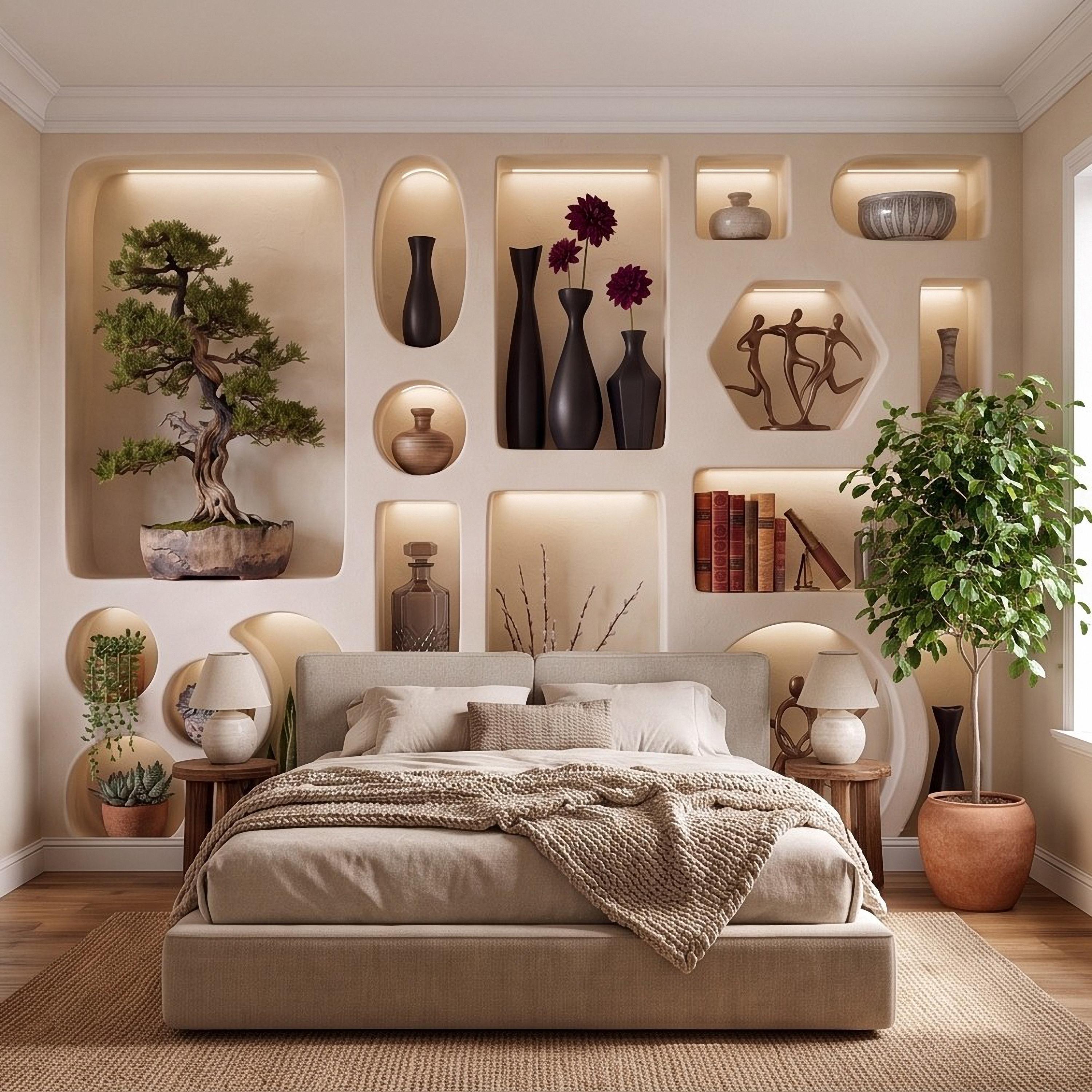 3D Japandi Wall Niches Peel and Stick Wall Mural, Modern Decorative Alcoves Sculptural Display Shelves Architectural Trompe l'Oeil Wallpaper