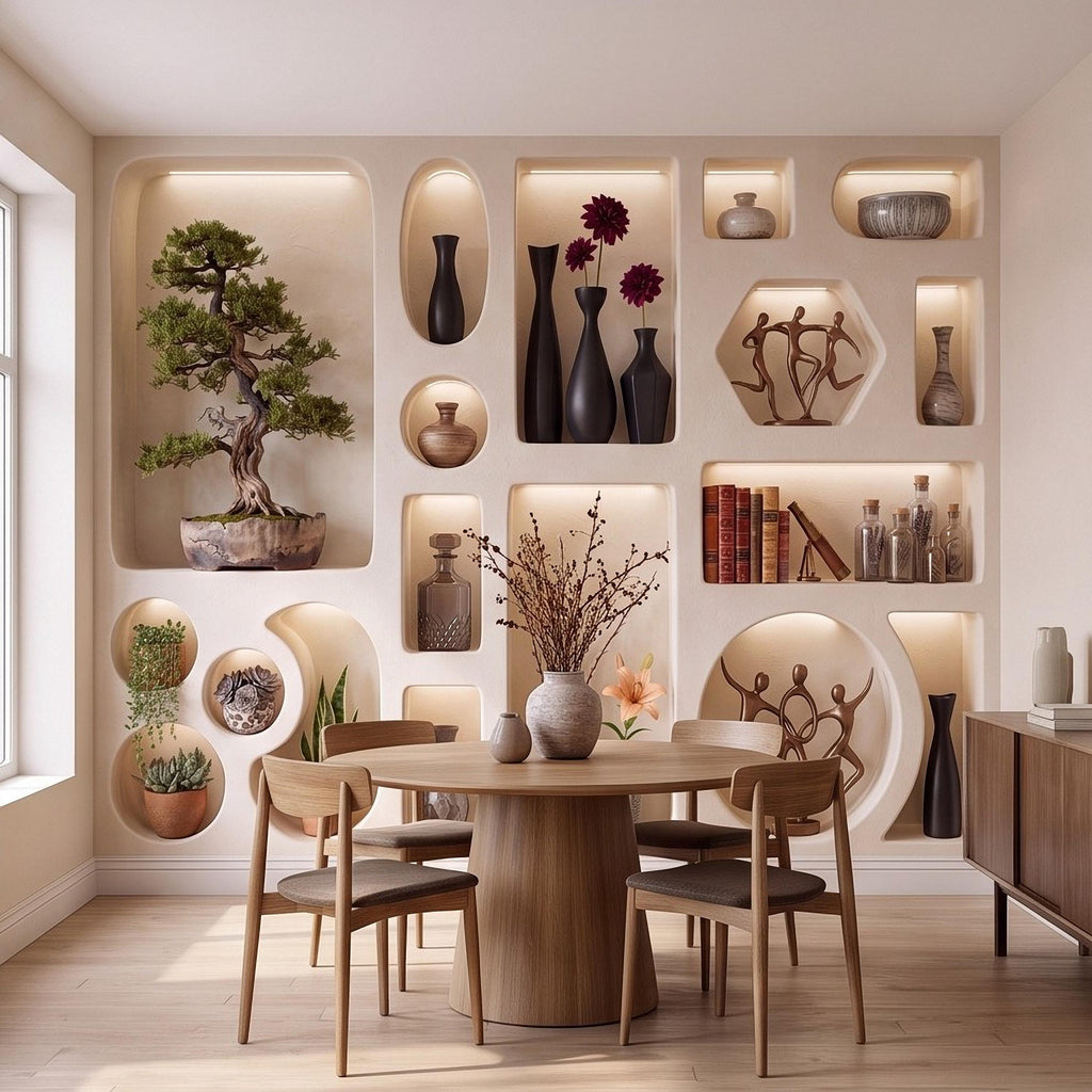3D Japandi Wall Niches Peel and Stick Wall Mural, Modern Decorative Alcoves Sculptural Display Shelves Architectural Trompe l'Oeil Wallpaper