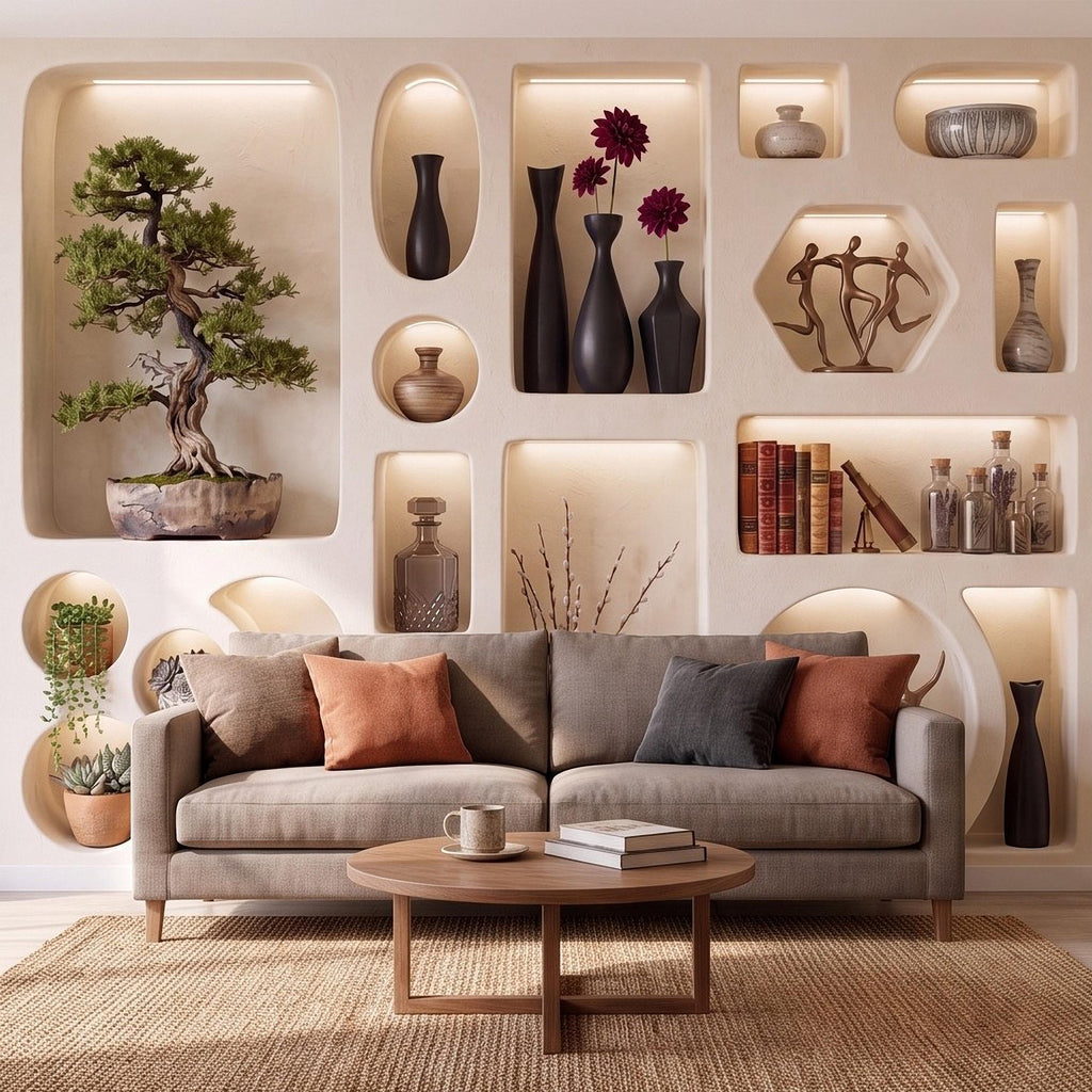 3D Japandi Wall Niches Peel and Stick Wall Mural, Modern Decorative Alcoves Sculptural Display Shelves Architectural Trompe l'Oeil Wallpaper