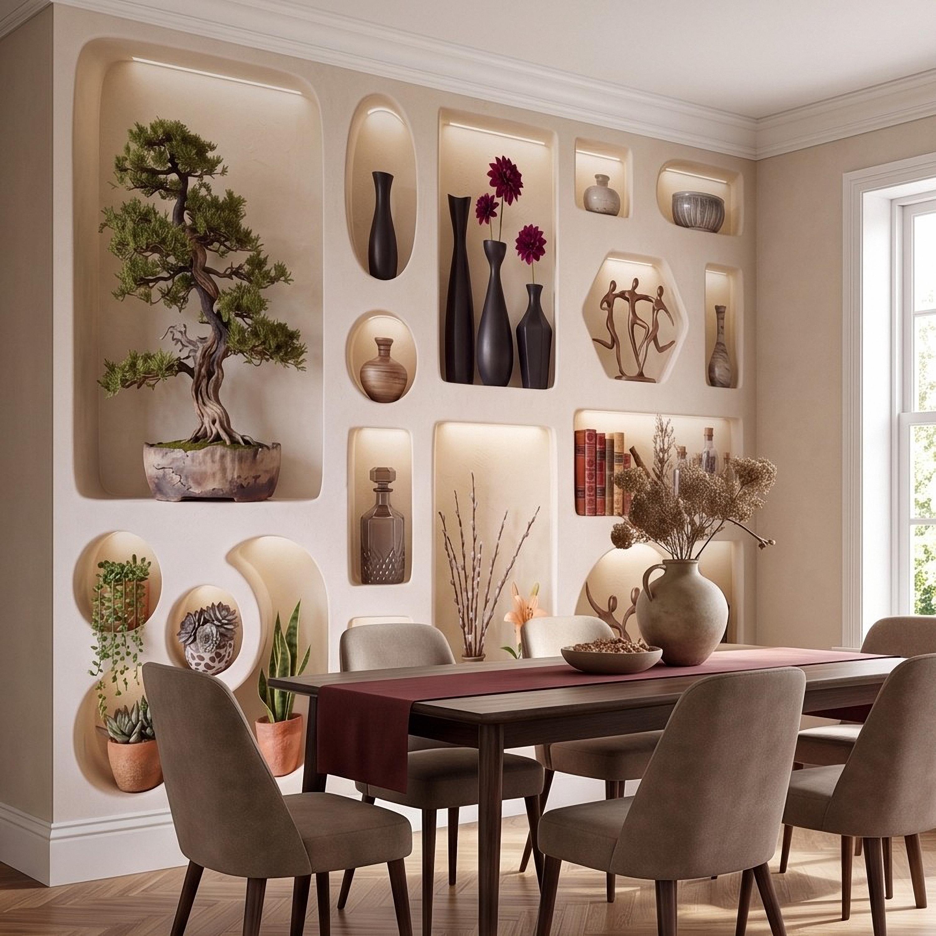 3D Japandi Wall Niches Peel and Stick Wall Mural, Modern Decorative Alcoves Sculptural Display Shelves Architectural Trompe l'Oeil Wallpaper