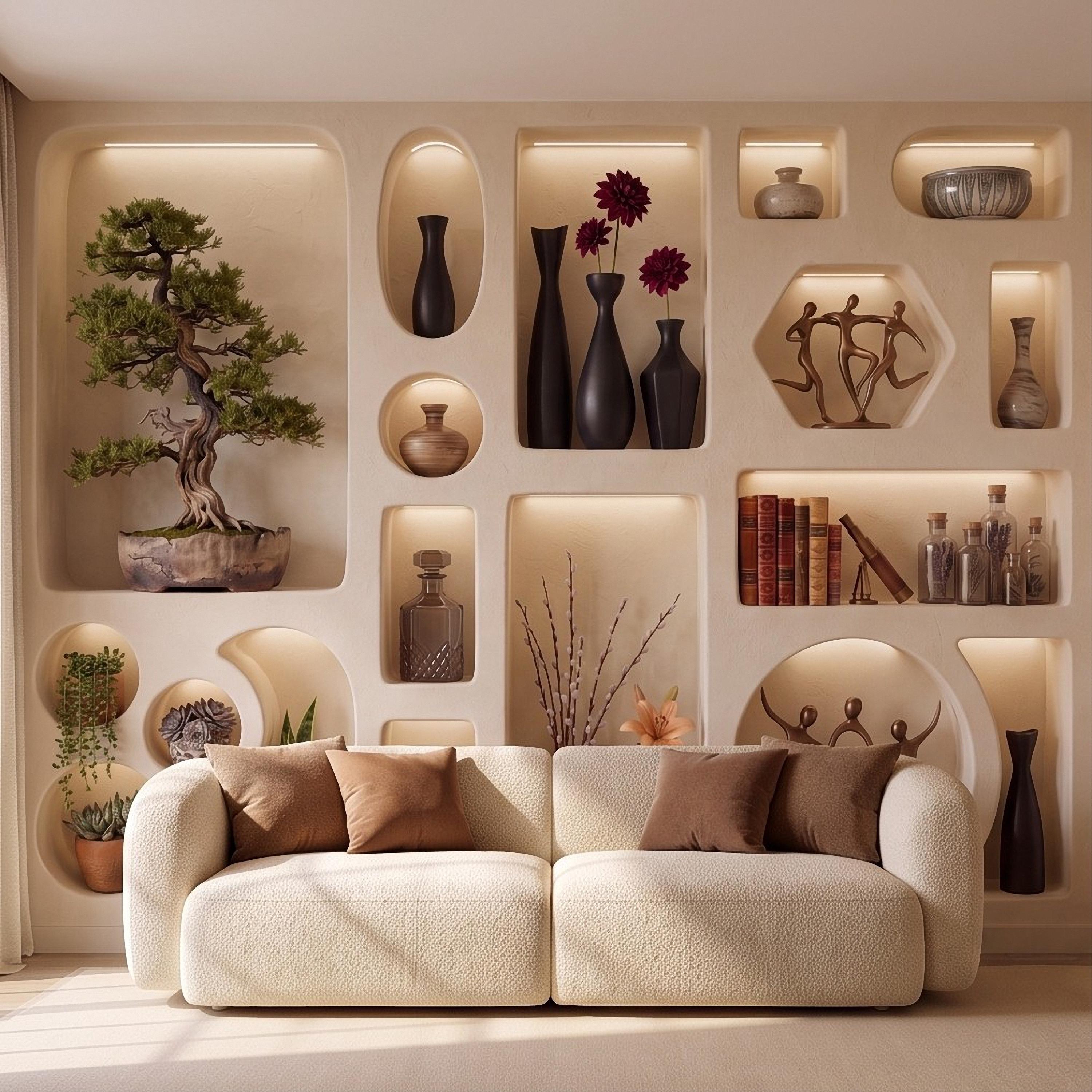 3D Japandi Wall Niches Peel and Stick Wall Mural, Modern Decorative Alcoves Sculptural Display Shelves Architectural Trompe l'Oeil Wallpaper