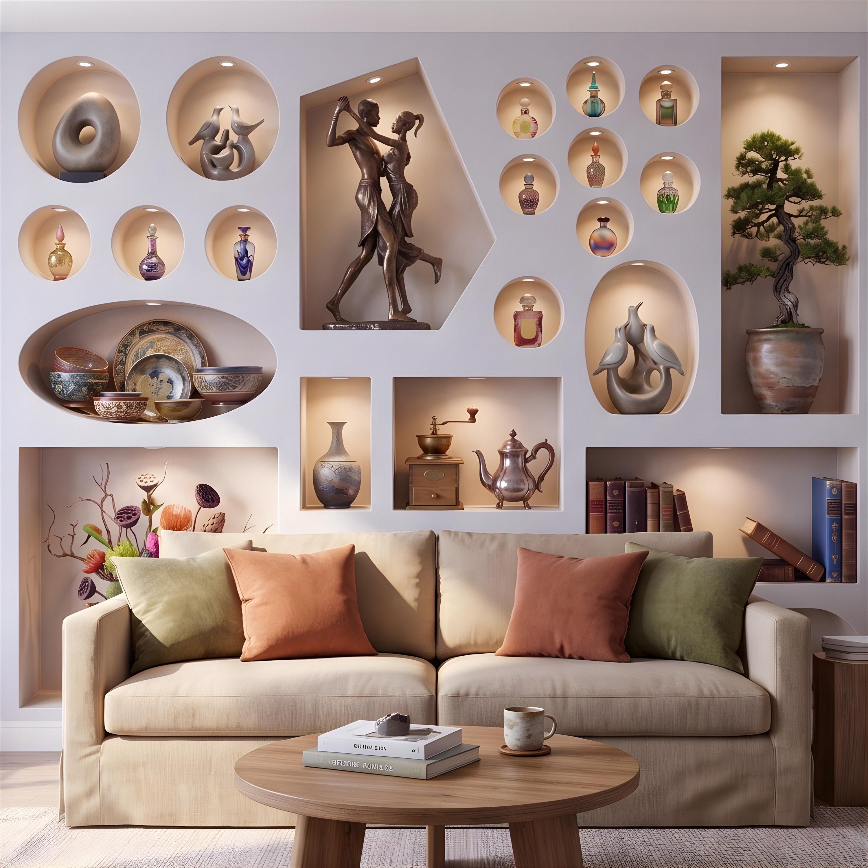 3D Decorative Wall Niches Peel and Stick Wall Mural, Built In Alcoves Illuminated Display Shelves Architectural Trompe l'Oeil Wallpaper