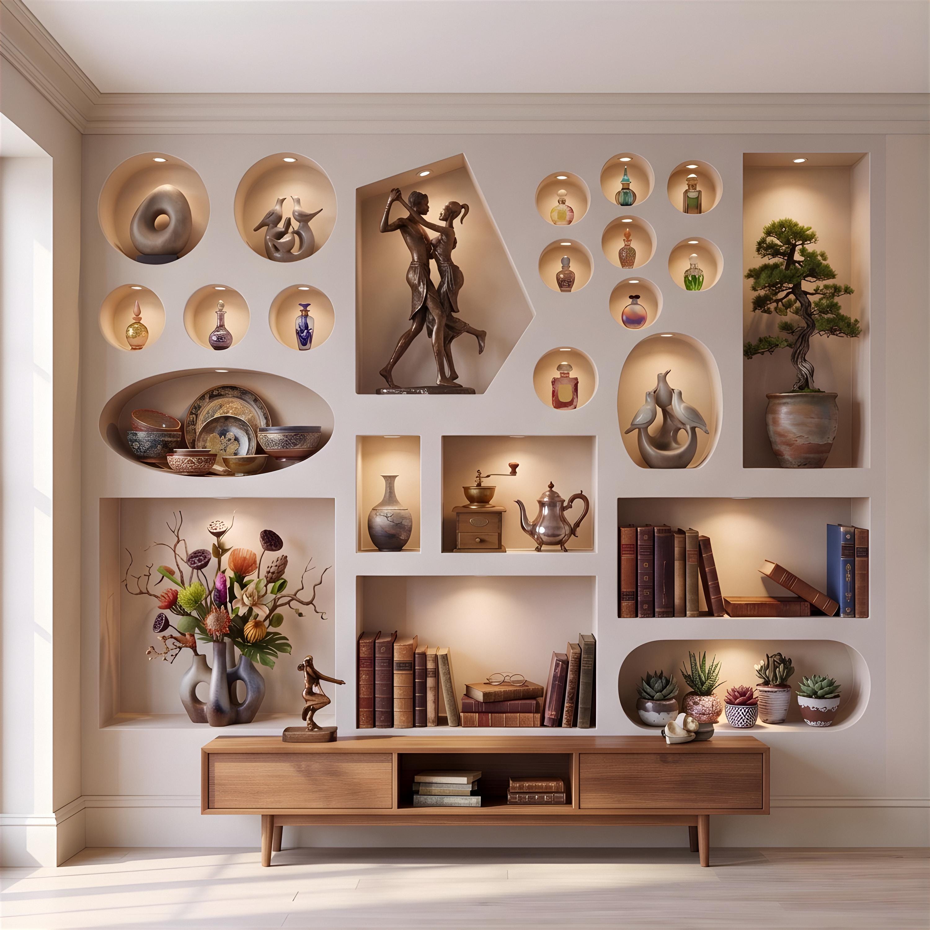 3D Decorative Wall Niches Peel and Stick Wall Mural, Built In Alcoves Illuminated Display Shelves Architectural Trompe l'Oeil Wallpaper