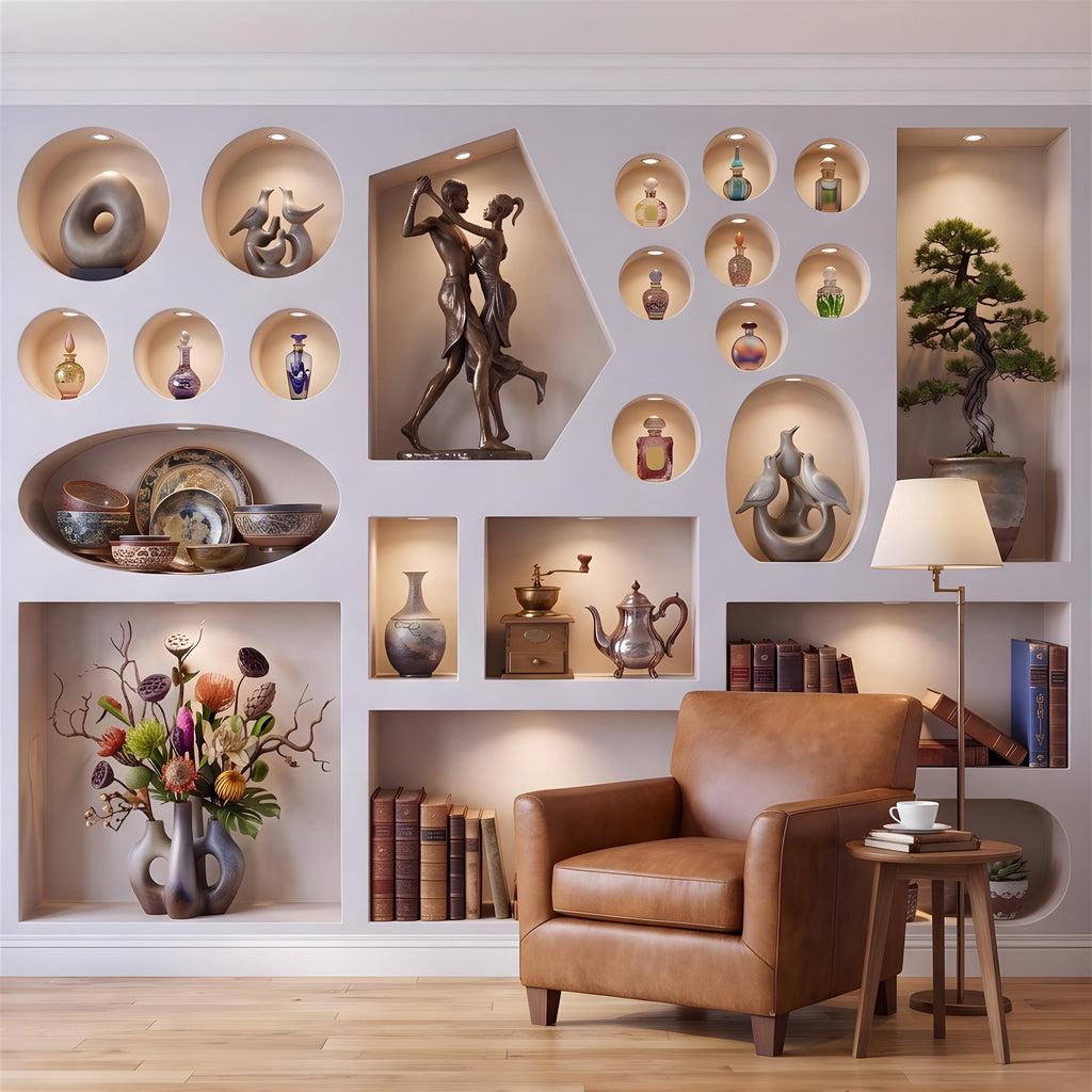 3D Decorative Wall Niches Peel and Stick Wall Mural, Built In Alcoves Illuminated Display Shelves Architectural Trompe l'Oeil Wallpaper