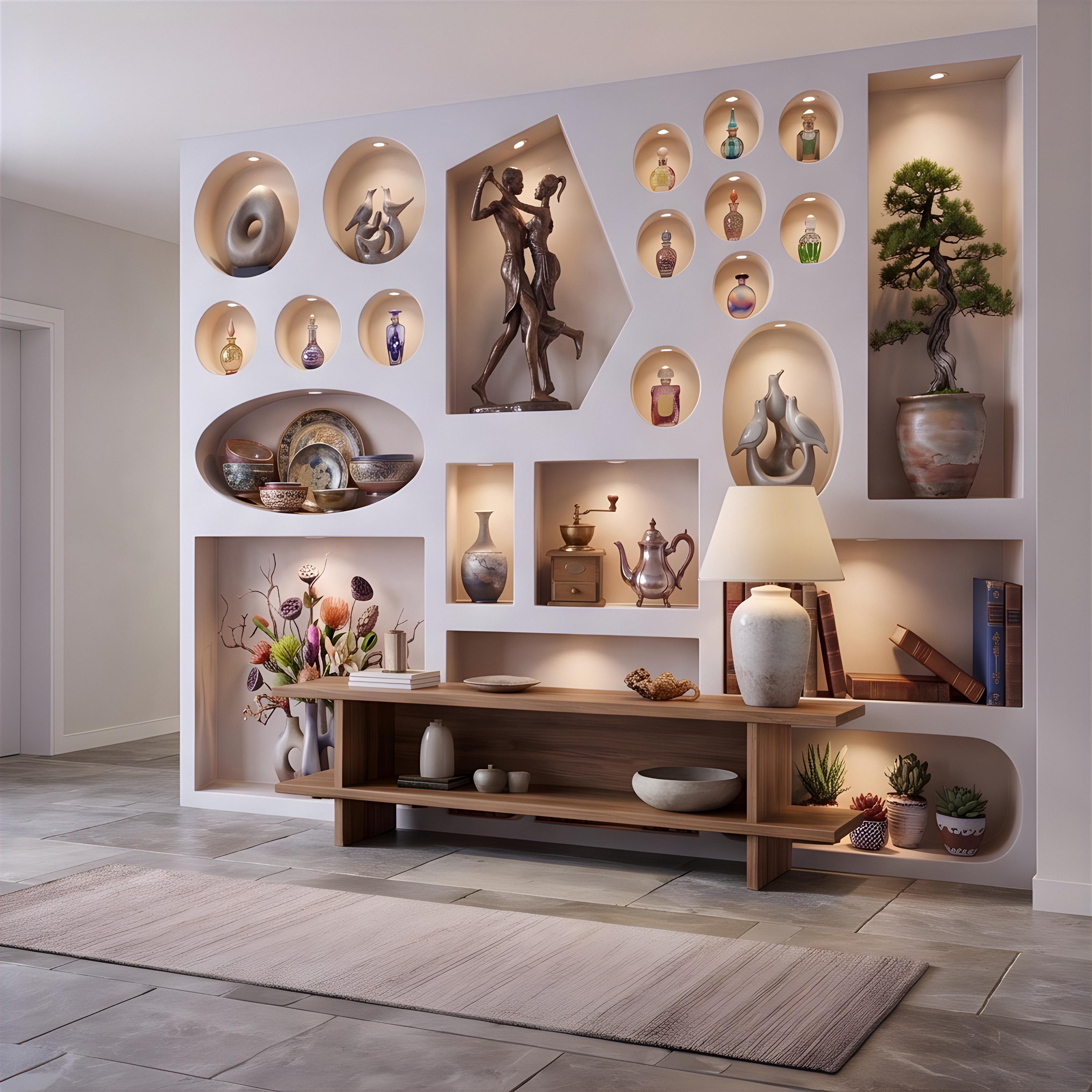 3D Decorative Wall Niches Peel and Stick Wall Mural, Built In Alcoves Illuminated Display Shelves Architectural Trompe l'Oeil Wallpaper