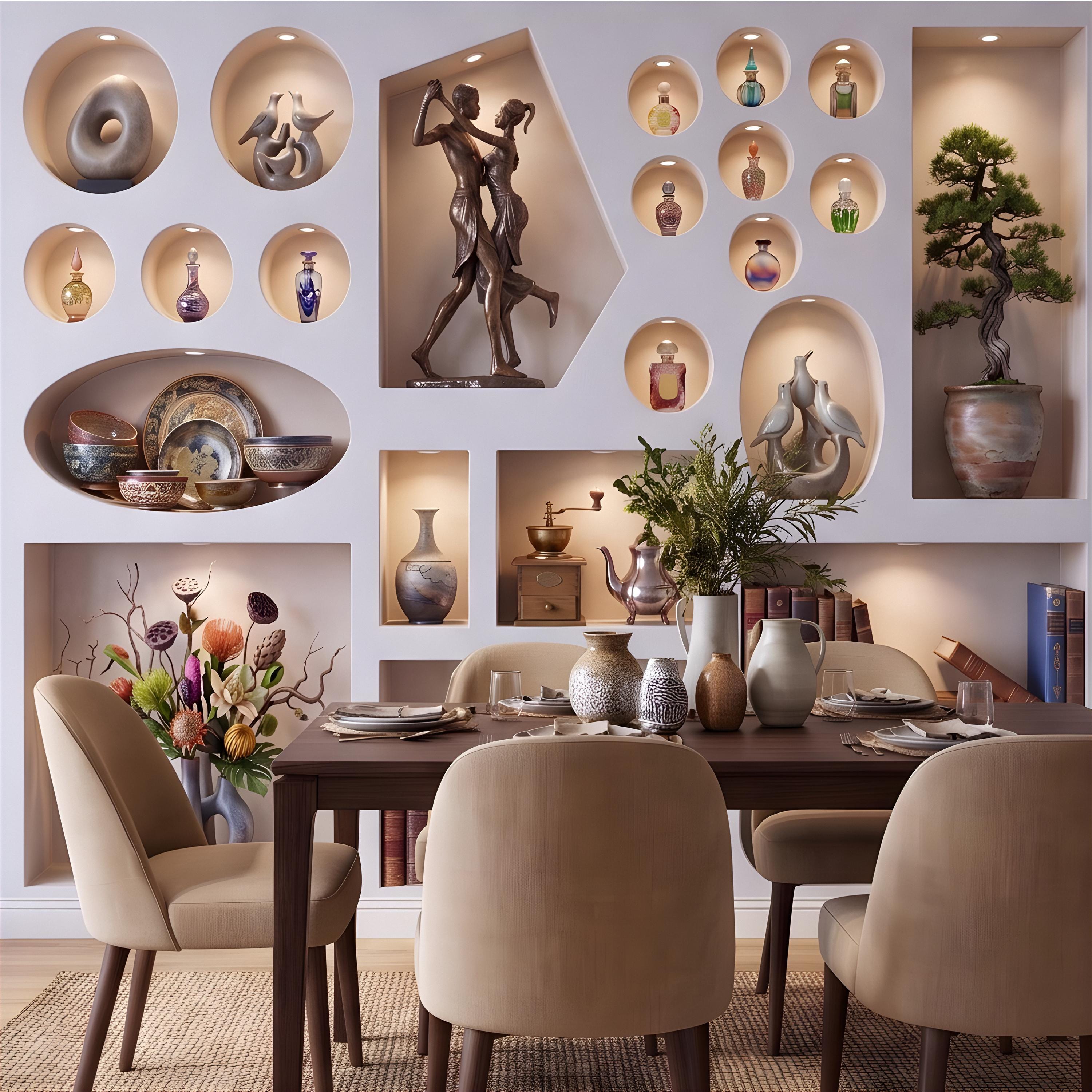 3D Decorative Wall Niches Peel and Stick Wall Mural, Built In Alcoves Illuminated Display Shelves Architectural Trompe l'Oeil Wallpaper