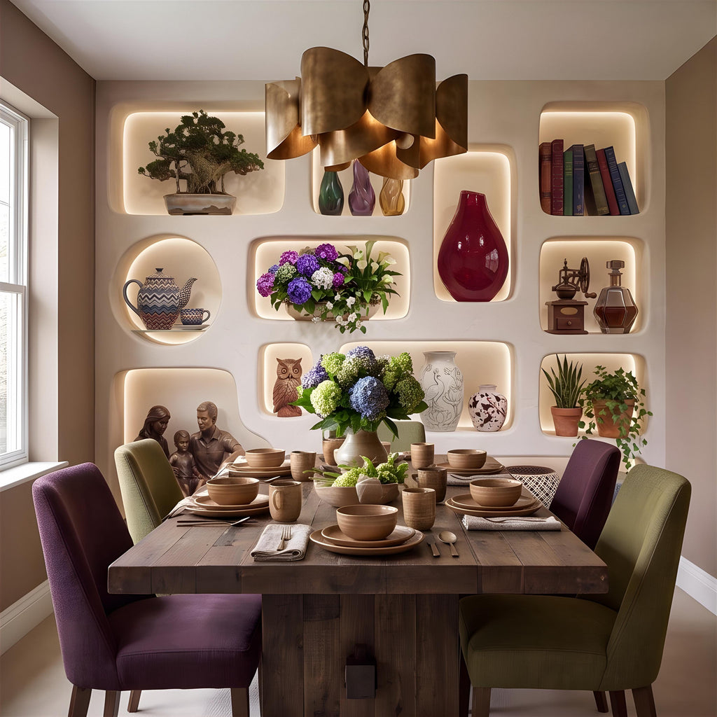 3D Illuminated Wall Niches Peel and Stick Wall Mural, Decorative Built In Alcoves, Sculptural Display Shelves Trompe l'Oeil Wallpaper