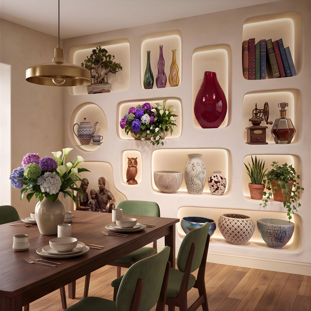 3D Illuminated Wall Niches Peel and Stick Wall Mural, Decorative Built In Alcoves, Sculptural Display Shelves Trompe l'Oeil Wallpaper