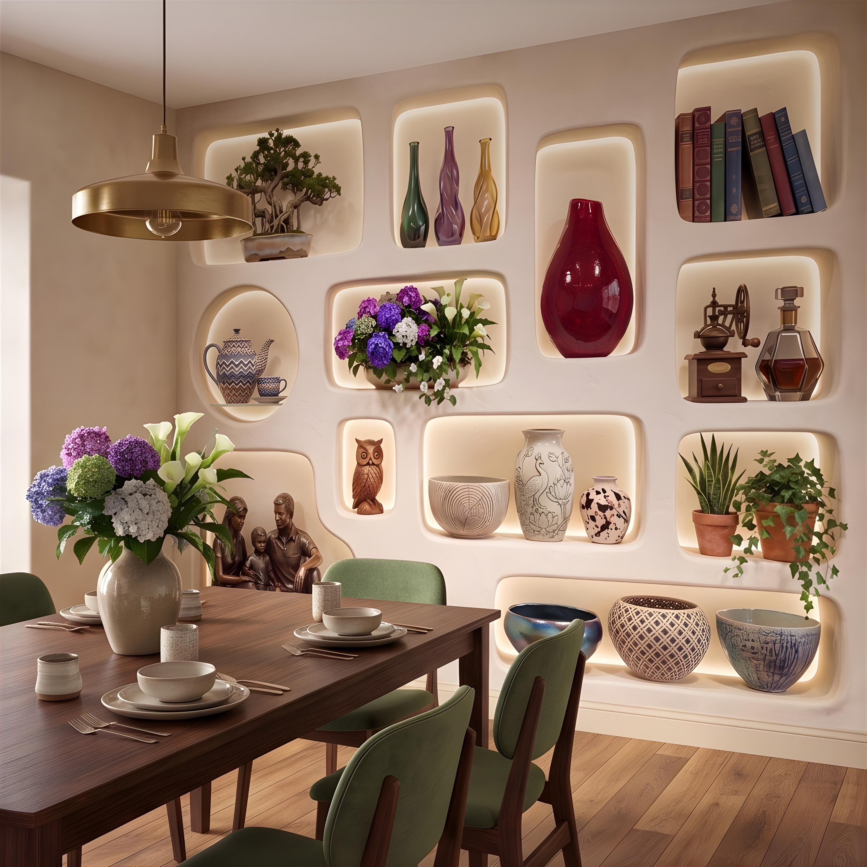 3D Illuminated Wall Niches Peel and Stick Wall Mural, Decorative Built In Alcoves, Sculptural Display Shelves Trompe l'Oeil Wallpaper