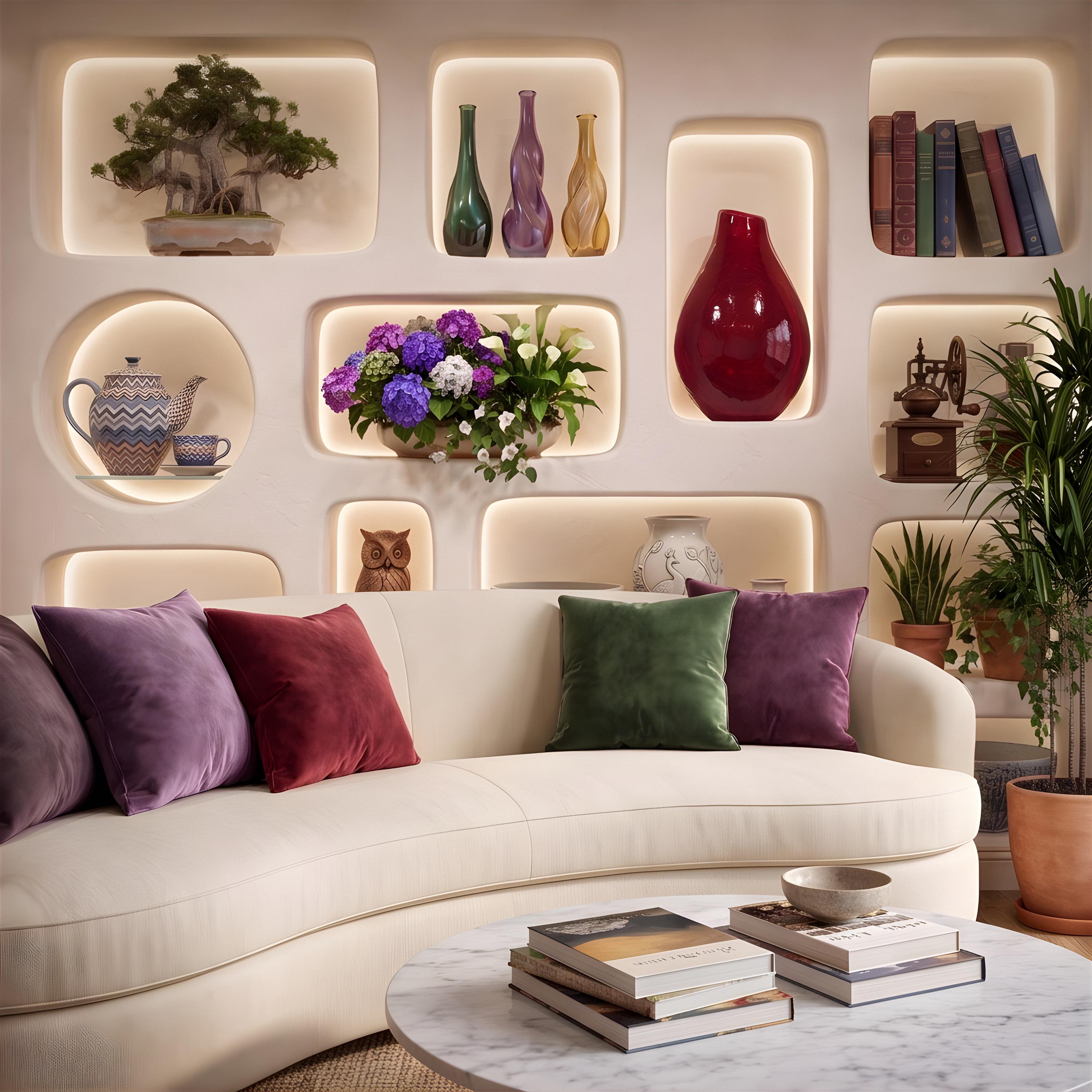 3D Illuminated Wall Niches Peel and Stick Wall Mural, Decorative Built In Alcoves, Sculptural Display Shelves Trompe l'Oeil Wallpaper