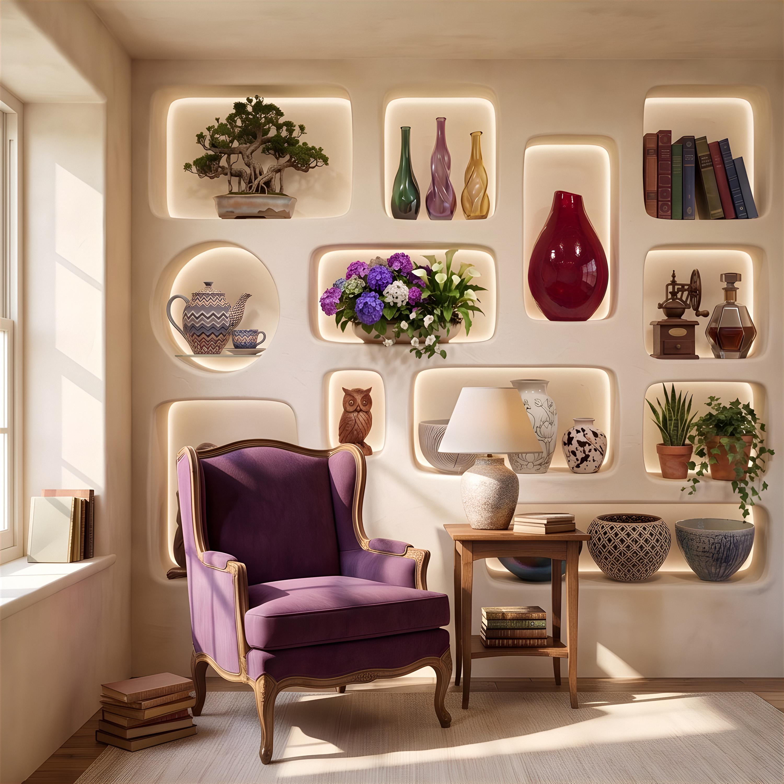 3D Illuminated Wall Niches Peel and Stick Wall Mural, Decorative Built In Alcoves, Sculptural Display Shelves Trompe l'Oeil Wallpaper