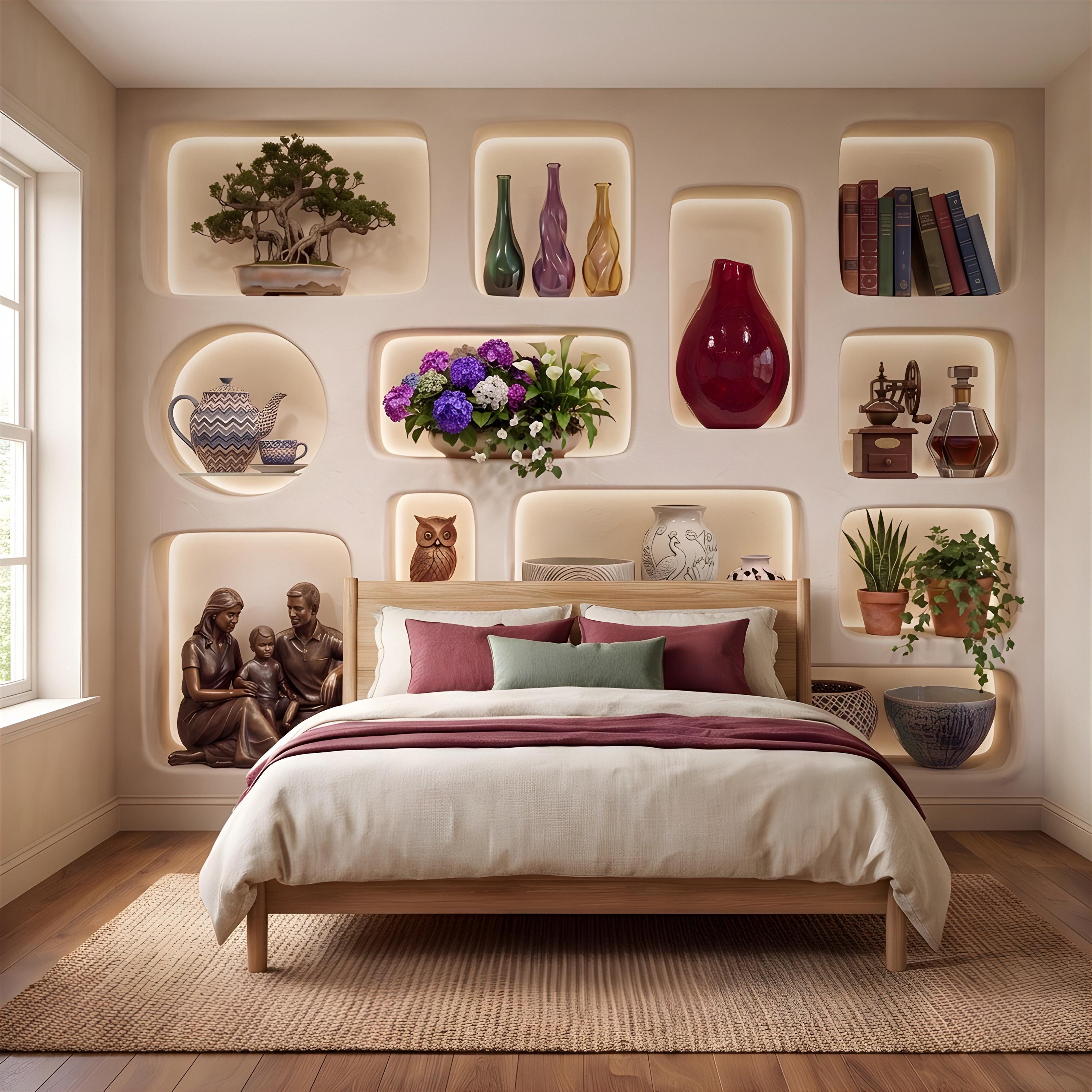 3D Illuminated Wall Niches Peel and Stick Wall Mural, Decorative Built In Alcoves, Sculptural Display Shelves Trompe l'Oeil Wallpaper