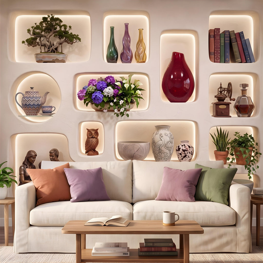 3D Illuminated Wall Niches Peel and Stick Wall Mural, Decorative Built In Alcoves, Sculptural Display Shelves Trompe l'Oeil Wallpaper