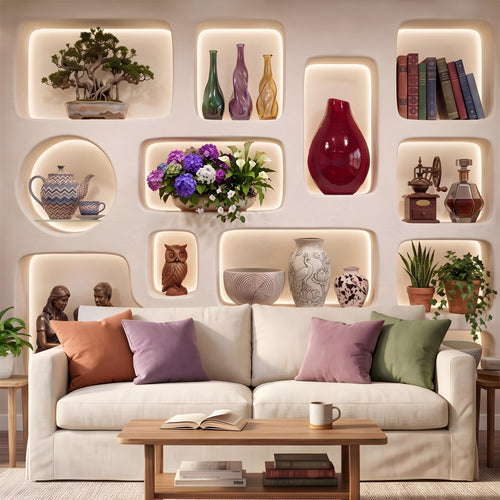 3D Illuminated Wall Niches Peel and Stick Wall Mural, Decorative Built In Alcoves, Sculptural Display Shelves Trompe l'Oeil Wallpaper