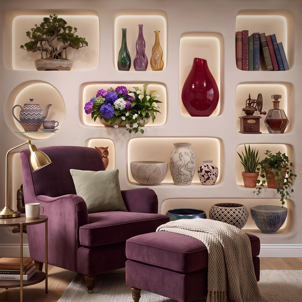 3D Illuminated Wall Niches Peel and Stick Wall Mural, Decorative Built In Alcoves, Sculptural Display Shelves Trompe l'Oeil Wallpaper