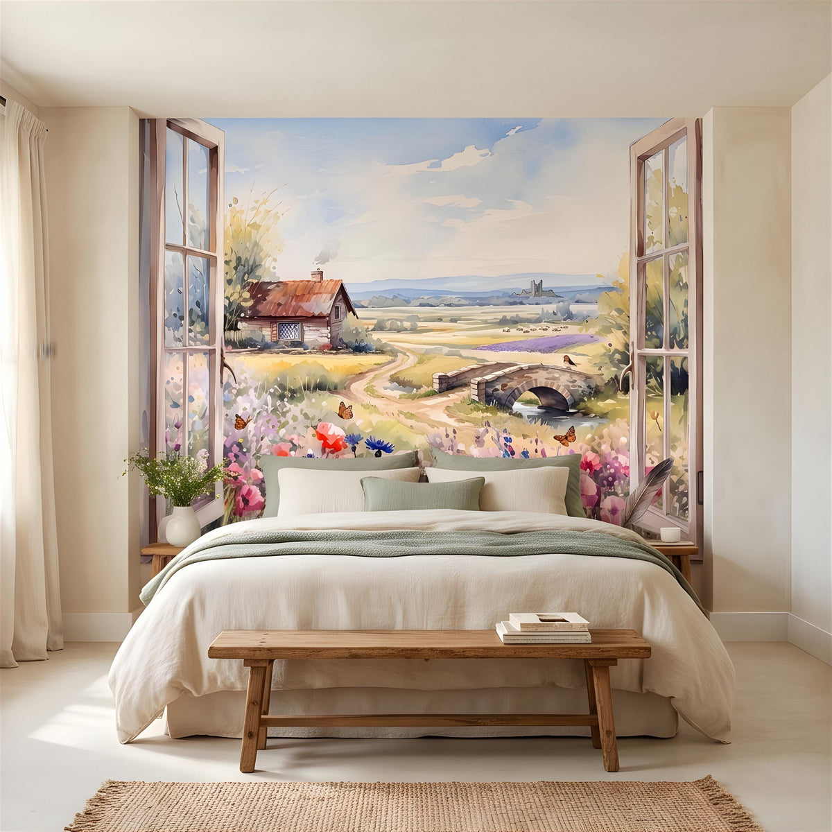 Cottage landscape wall mural behind a bed, with open window views and blooming flowers