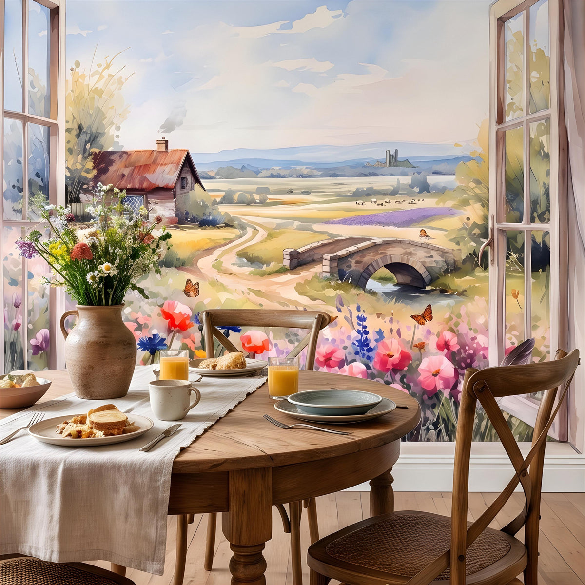 Countryside meadow wall mural with window frames, wildflowers, and a small stone bridge
