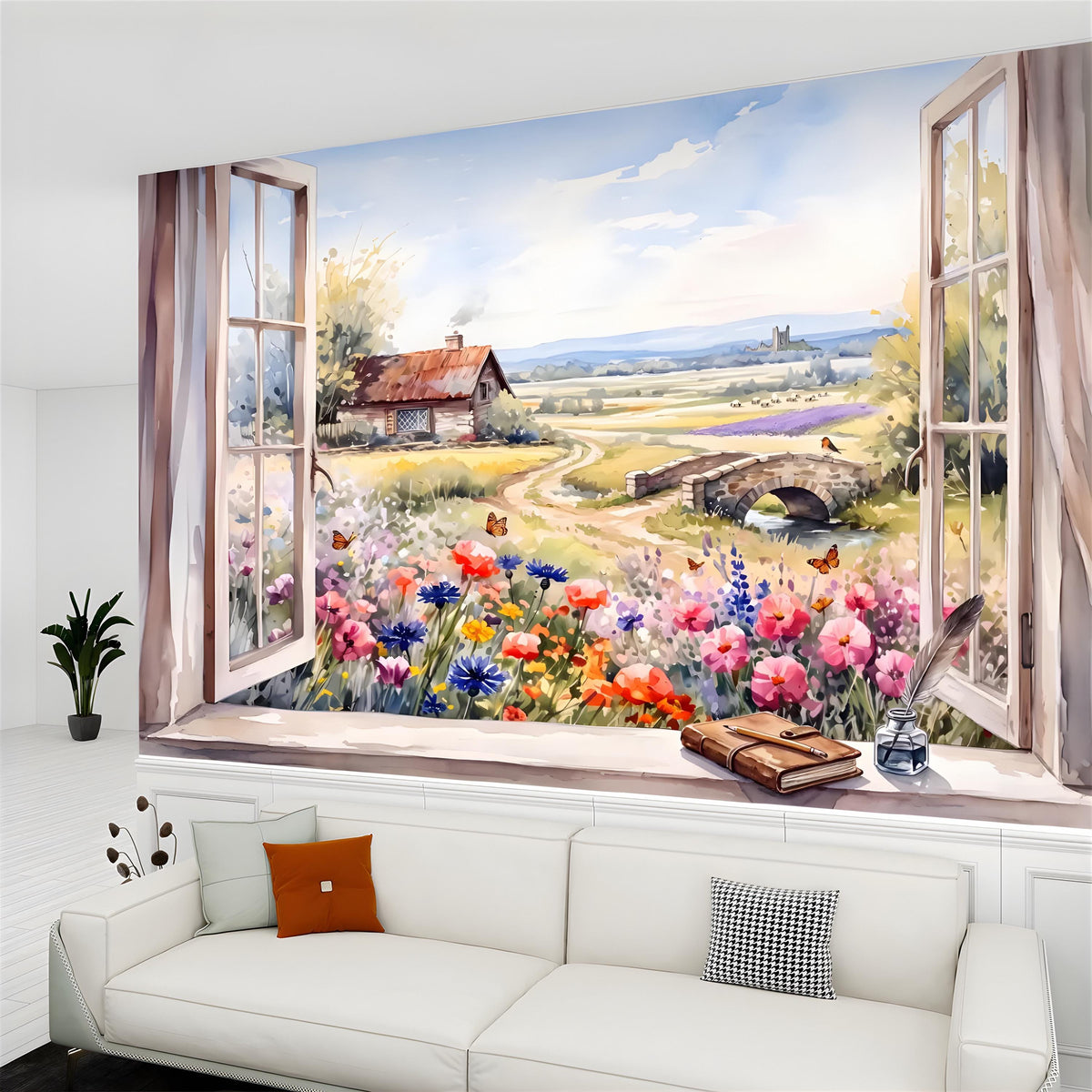 Countryside cottage wall mural with two window frames and a wildflower meadow scene
