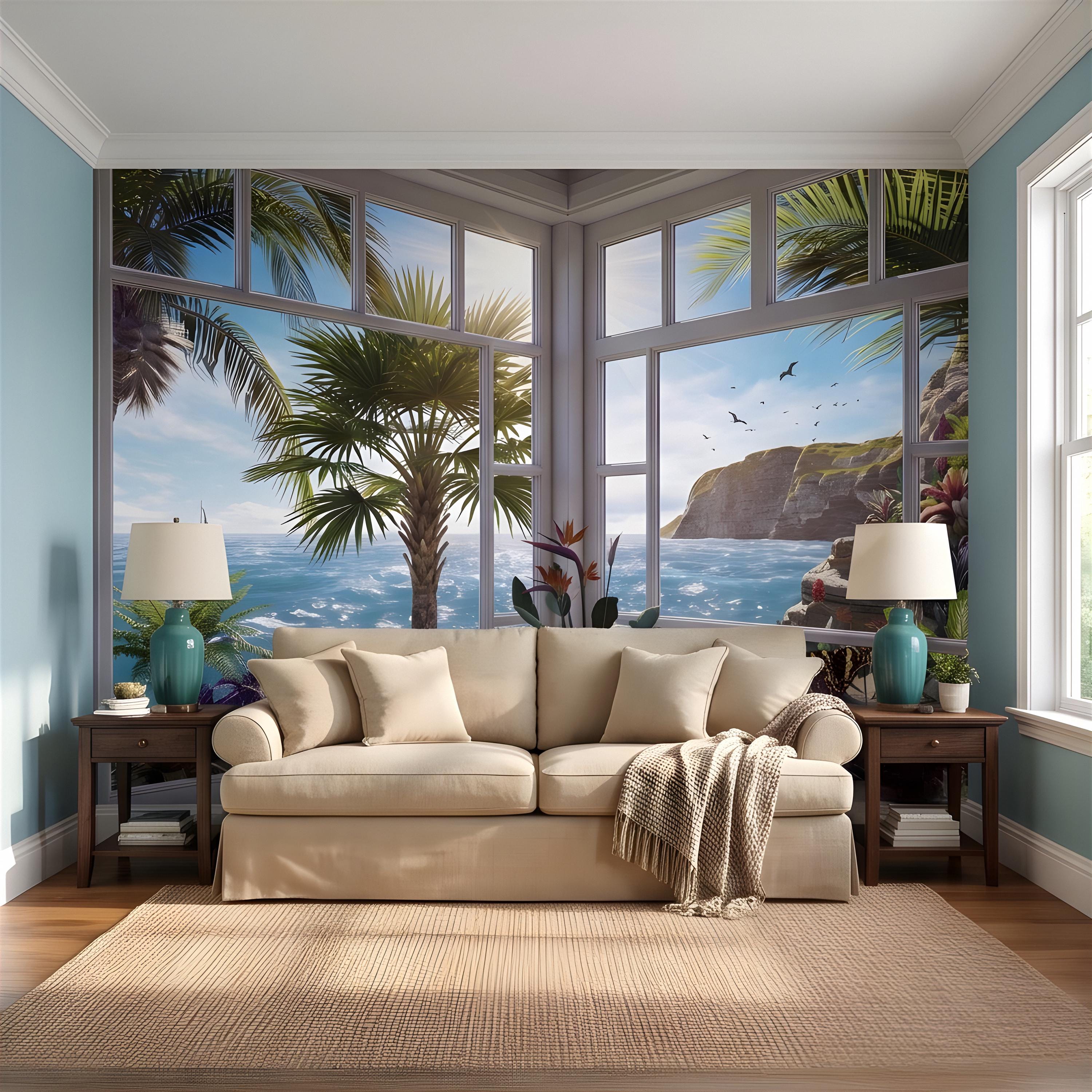 Tropical Ocean Window View Peel and Stick Wall Mural, Coastal Palm Paradise, Exotic Island Cliffs, Panoramic Seascape Wallpaper