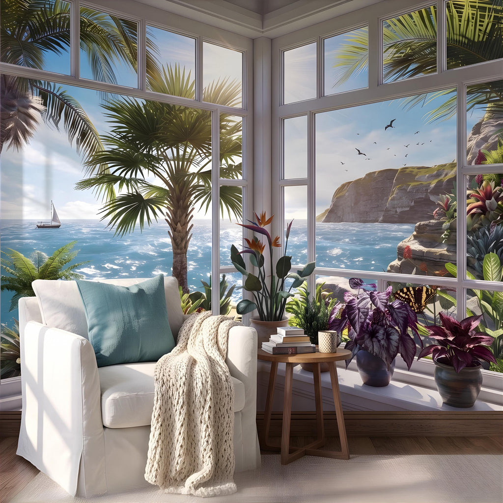 Tropical Ocean Window View Peel and Stick Wall Mural, Coastal Palm Paradise, Exotic Island Cliffs, Panoramic Seascape Wallpaper