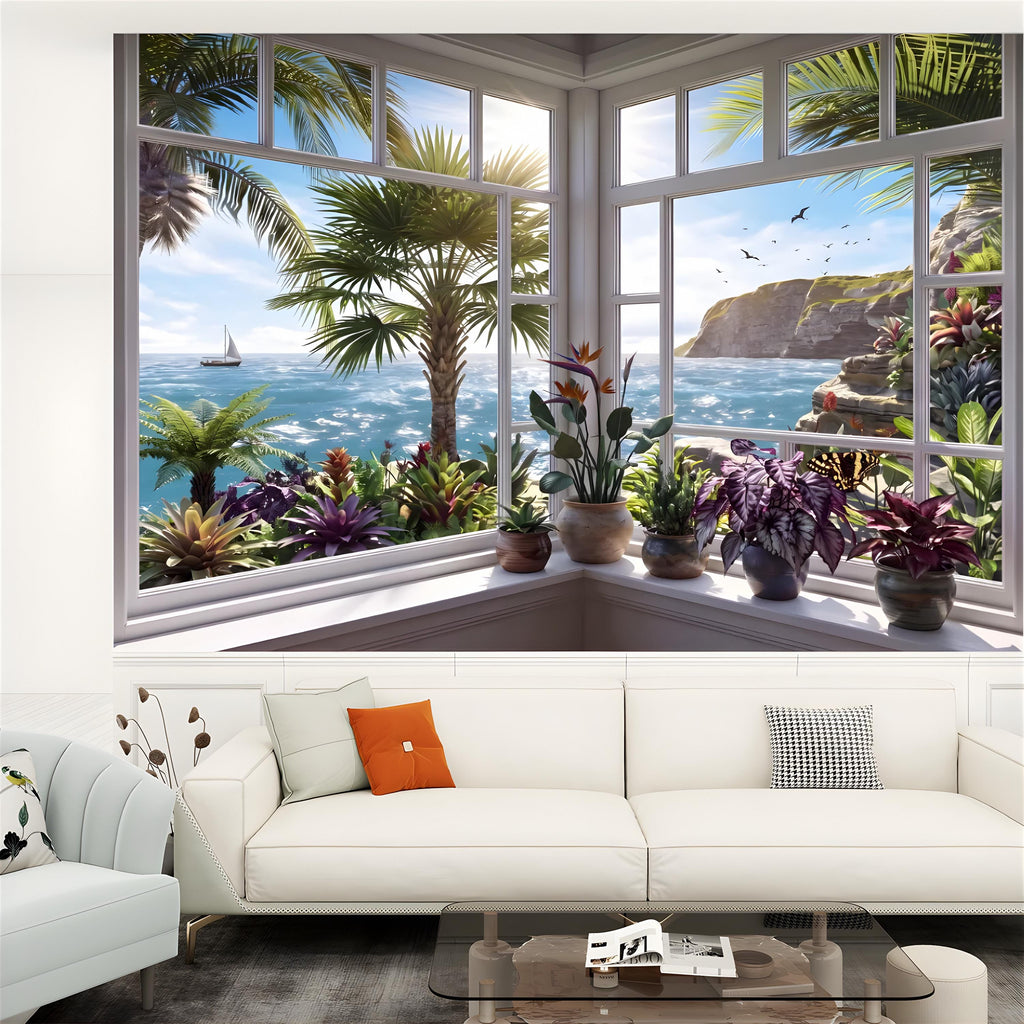 Tropical Ocean Window View Peel and Stick Wall Mural, Coastal Palm Paradise, Exotic Island Cliffs, Panoramic Seascape Wallpaper