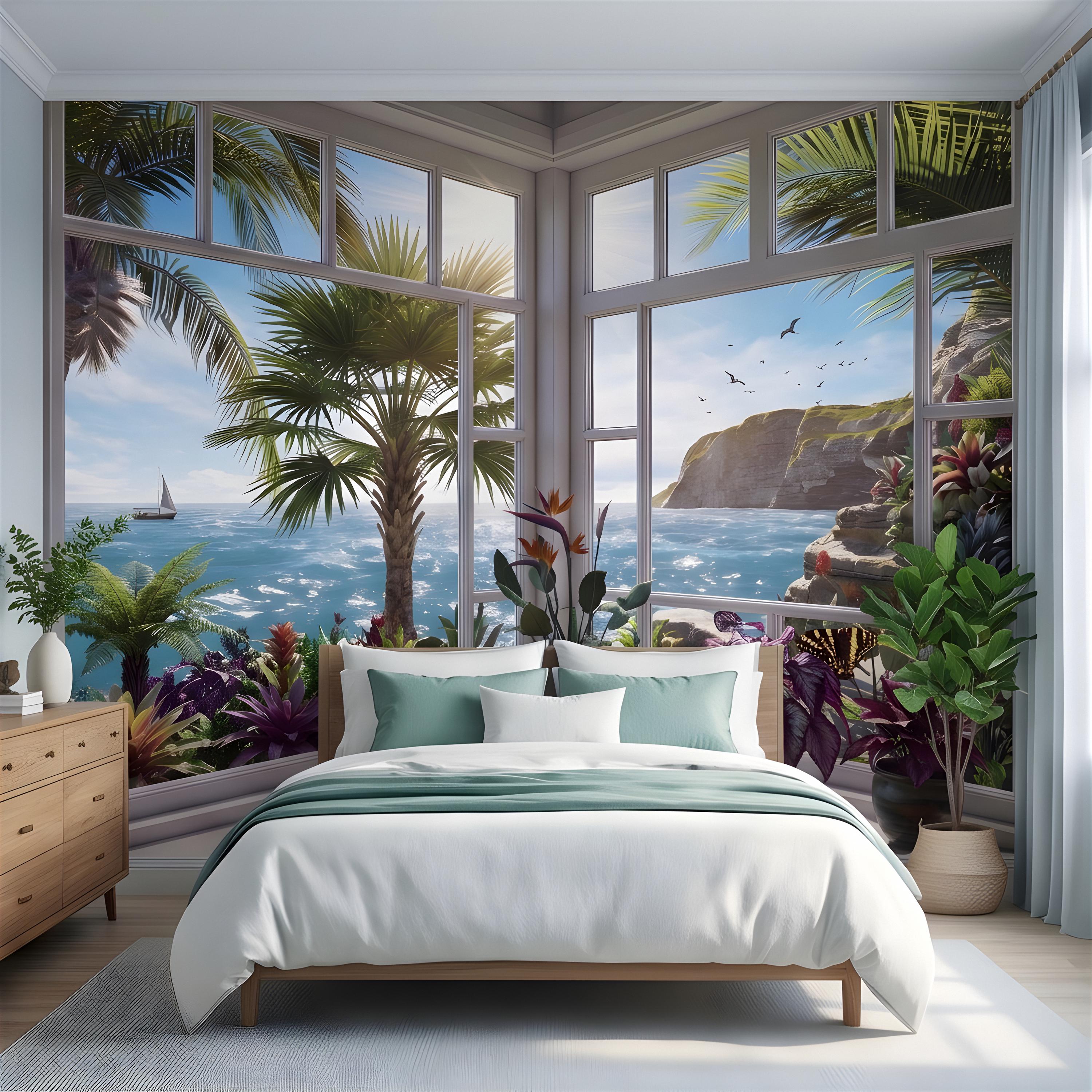 Tropical Ocean Window View Peel and Stick Wall Mural, Coastal Palm Paradise, Exotic Island Cliffs, Panoramic Seascape Wallpaper