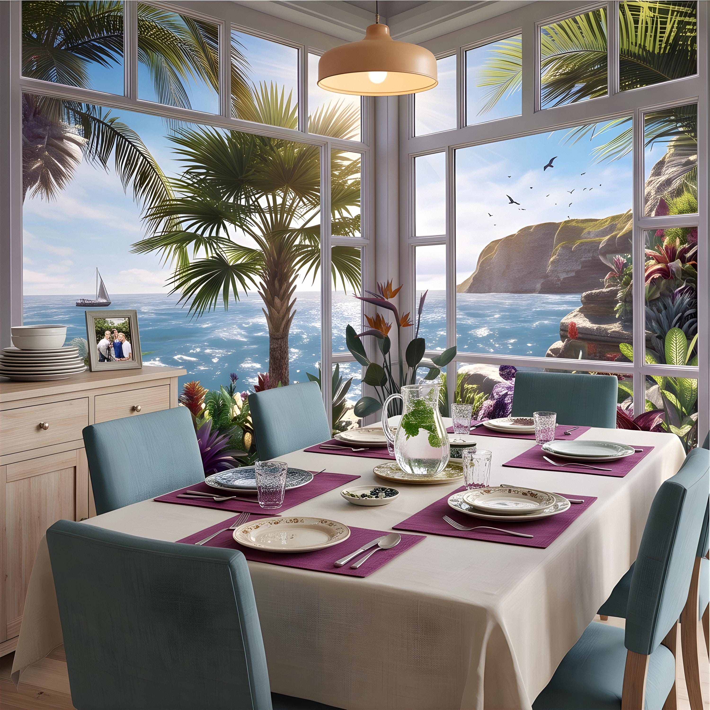 Tropical Ocean Window View Peel and Stick Wall Mural, Coastal Palm Paradise, Exotic Island Cliffs, Panoramic Seascape Wallpaper