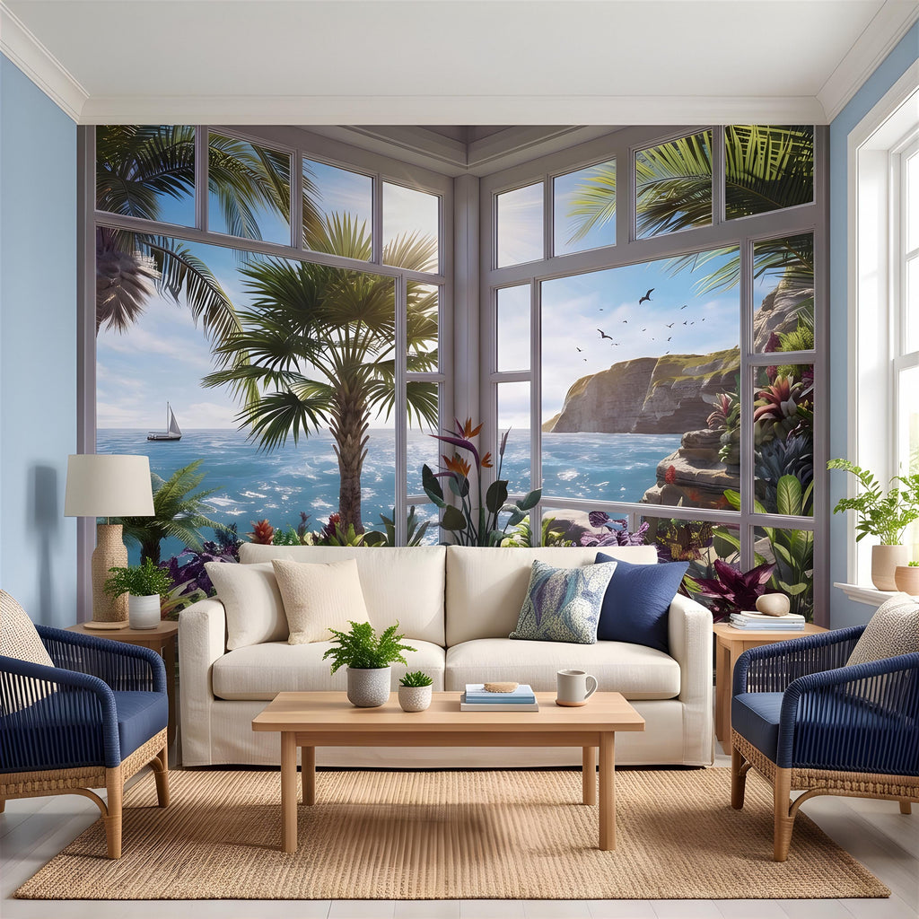 Tropical Ocean Window View Peel and Stick Wall Mural, Coastal Palm Paradise, Exotic Island Cliffs, Panoramic Seascape Wallpaper