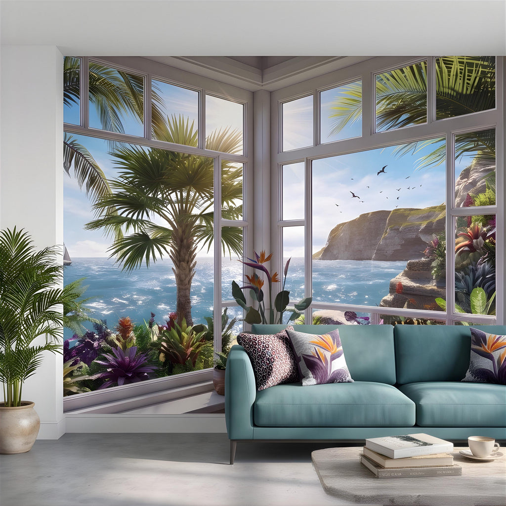 Tropical Ocean Window View Peel and Stick Wall Mural, Coastal Palm Paradise, Exotic Island Cliffs, Panoramic Seascape Wallpaper