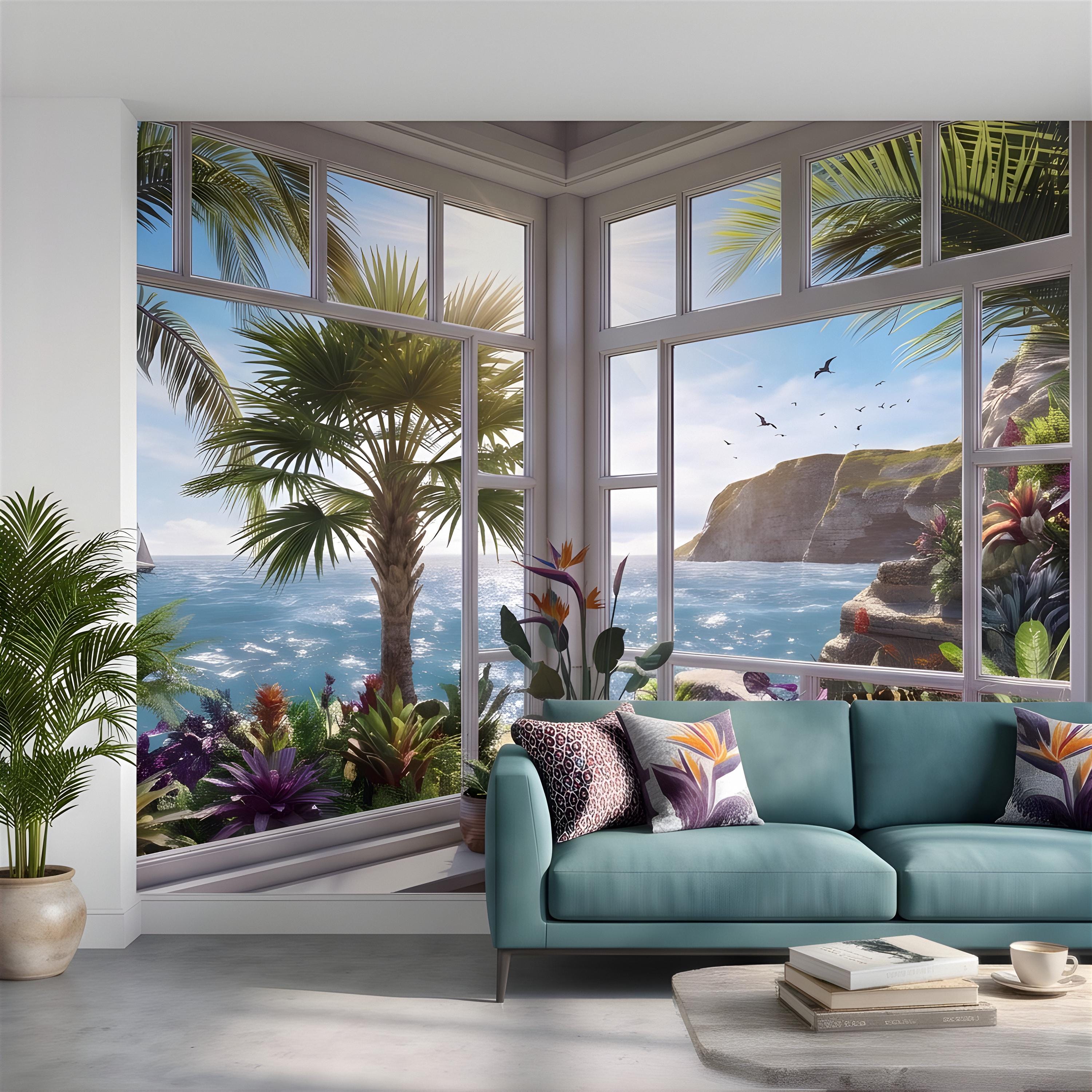 Tropical Ocean Window View Peel and Stick Wall Mural, Coastal Palm Paradise, Exotic Island Cliffs, Panoramic Seascape Wallpaper