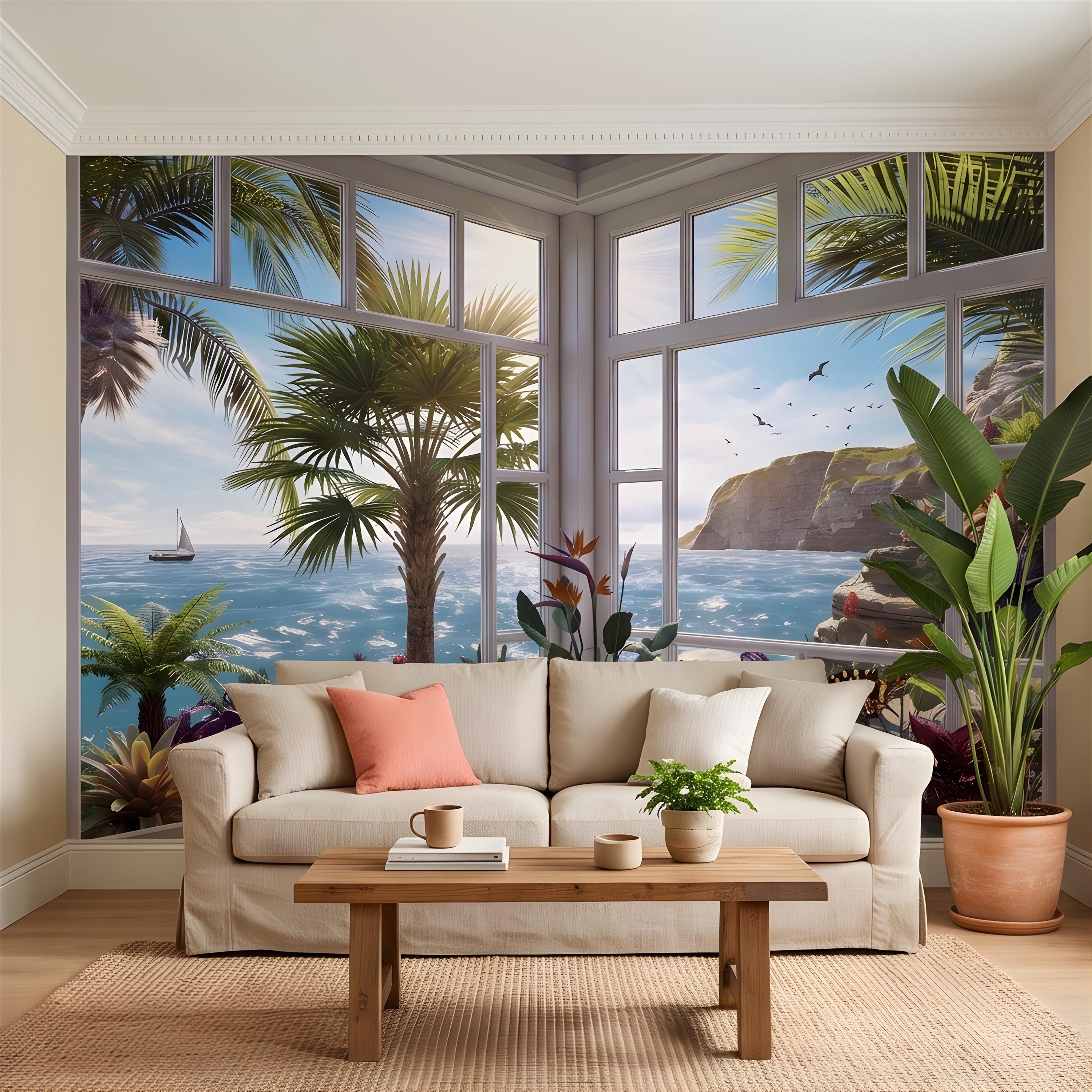 Tropical Ocean Window View Peel and Stick Wall Mural, Coastal Palm Paradise, Exotic Island Cliffs, Panoramic Seascape Wallpaper