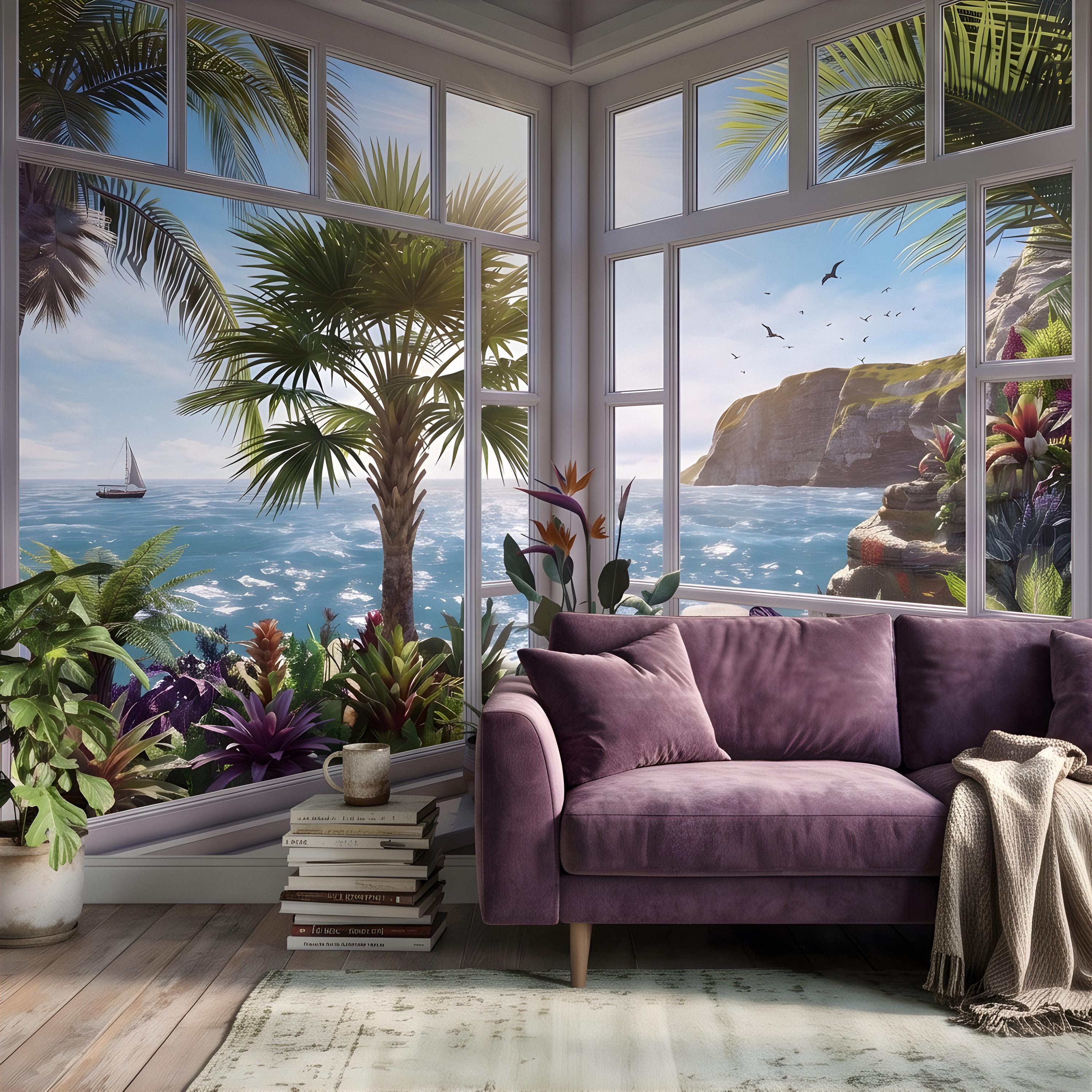 Tropical Ocean Window View Peel and Stick Wall Mural, Coastal Palm Paradise, Exotic Island Cliffs, Panoramic Seascape Wallpaper