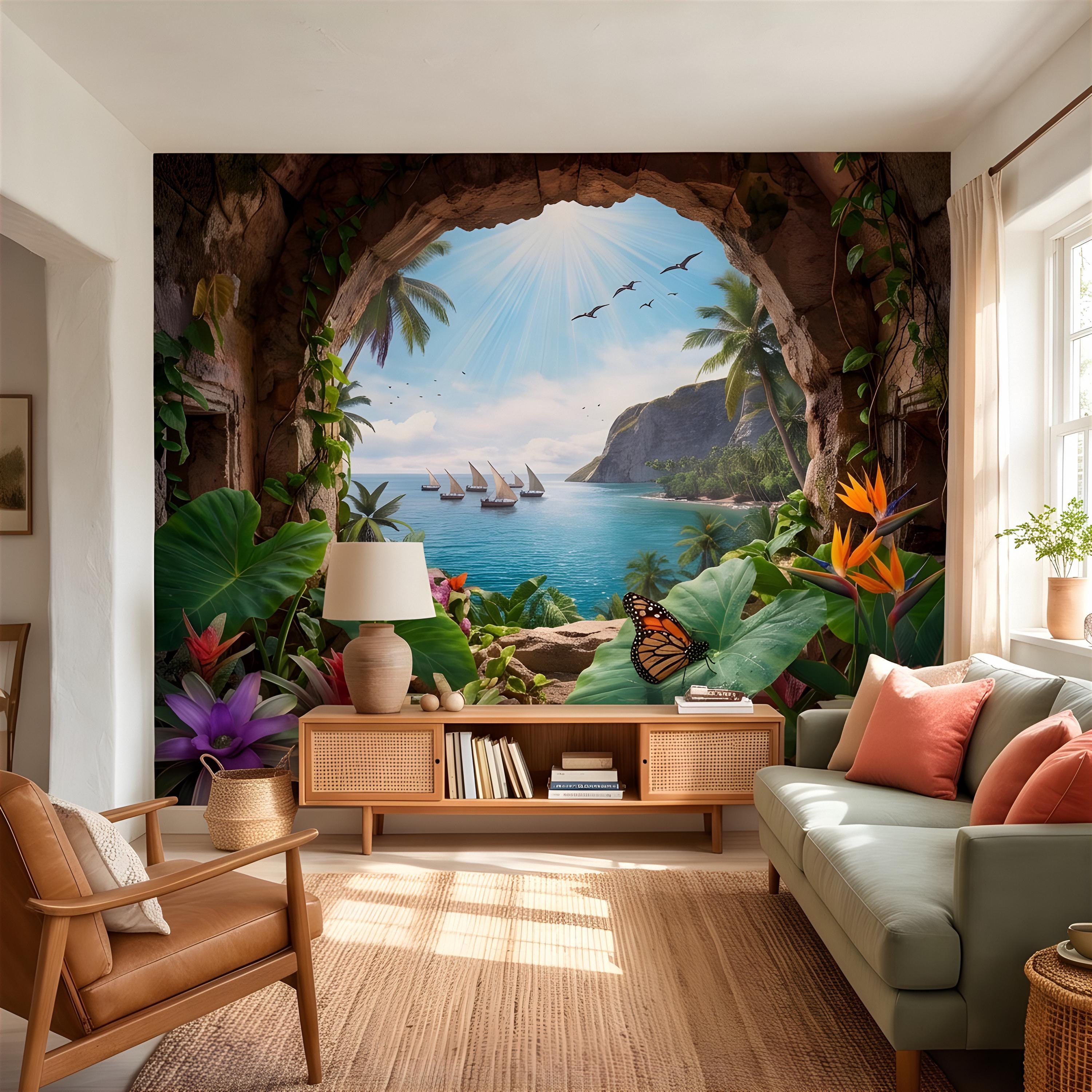 Tropical Cave Window Peel and Stick Wall Mural, Exotic Island Lagoon View, Palm Paradise Coastline, Coastal Escape Wallpaper