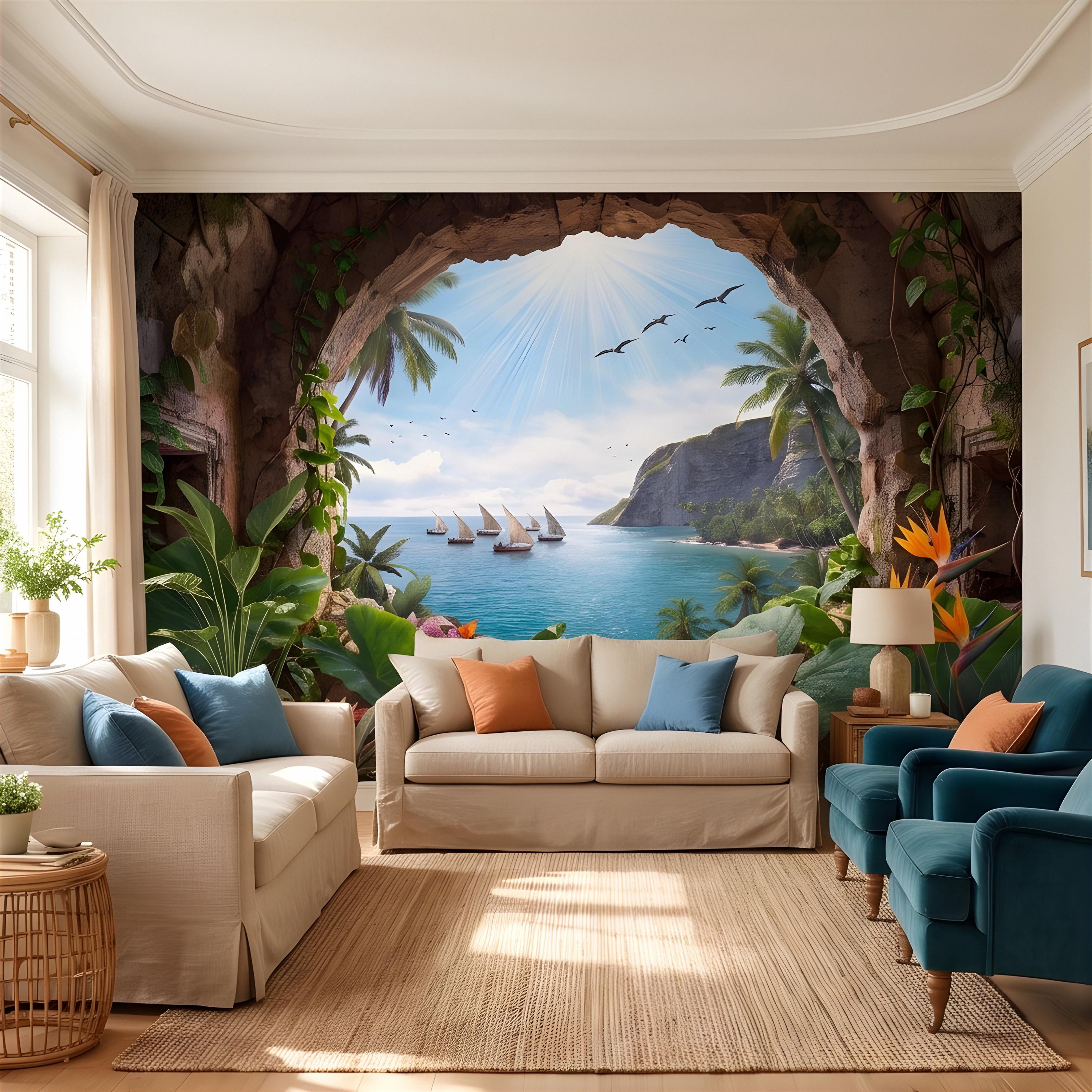 Tropical Cave Window Peel and Stick Wall Mural, Exotic Island Lagoon View, Palm Paradise Coastline, Coastal Escape Wallpaper