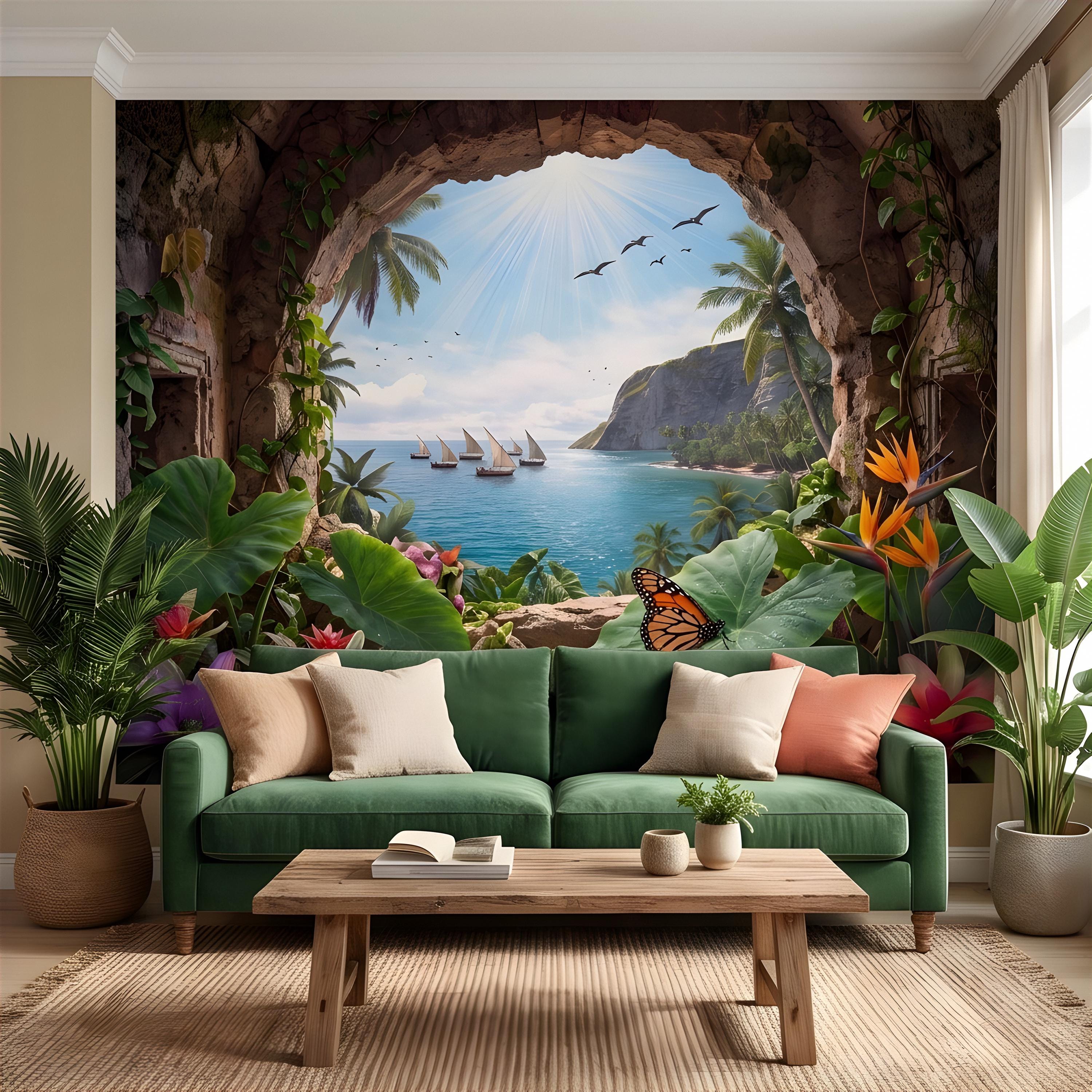 Tropical Cave Window Peel and Stick Wall Mural, Exotic Island Lagoon View, Palm Paradise Coastline, Coastal Escape Wallpaper