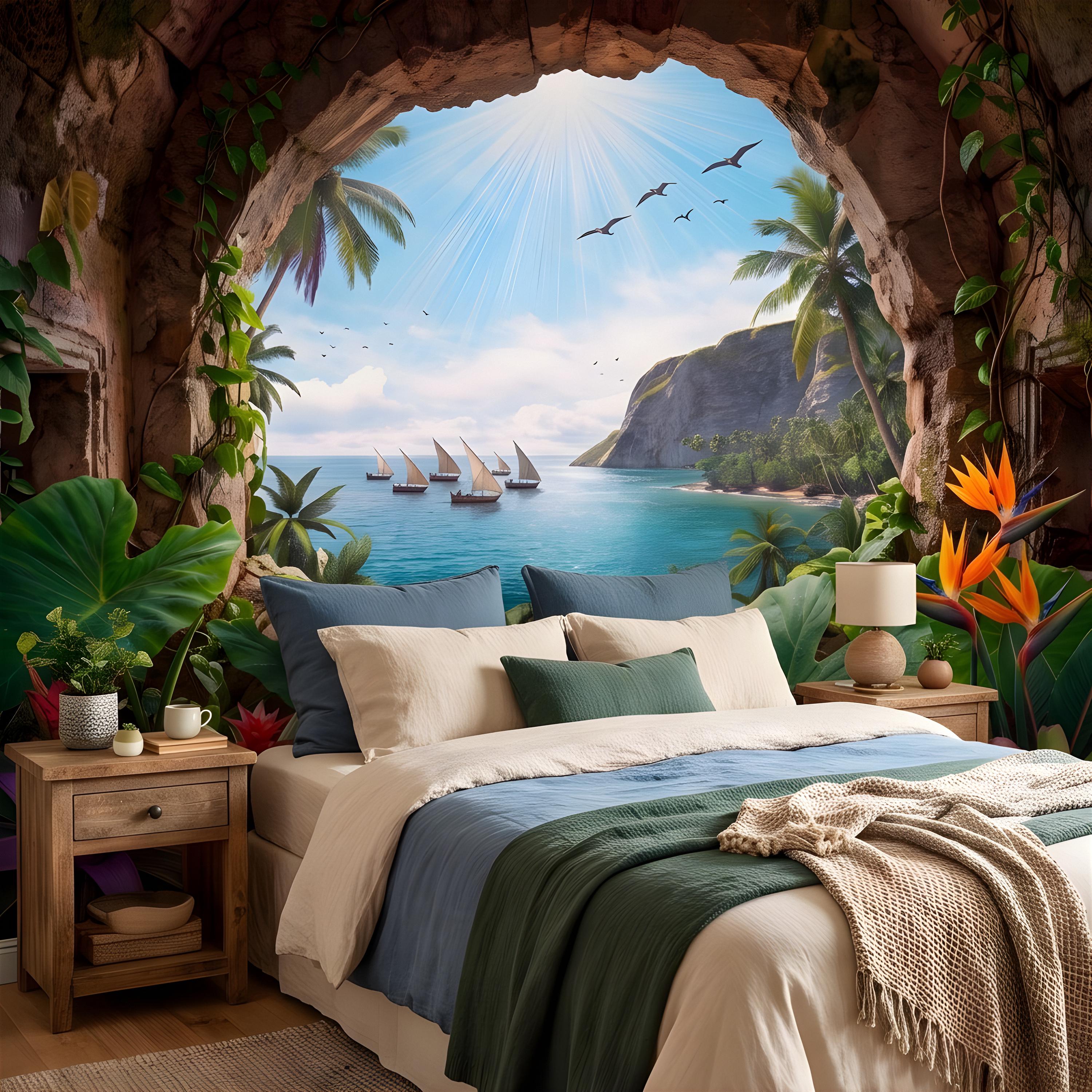 Tropical Cave Window Peel and Stick Wall Mural, Exotic Island Lagoon View, Palm Paradise Coastline, Coastal Escape Wallpaper