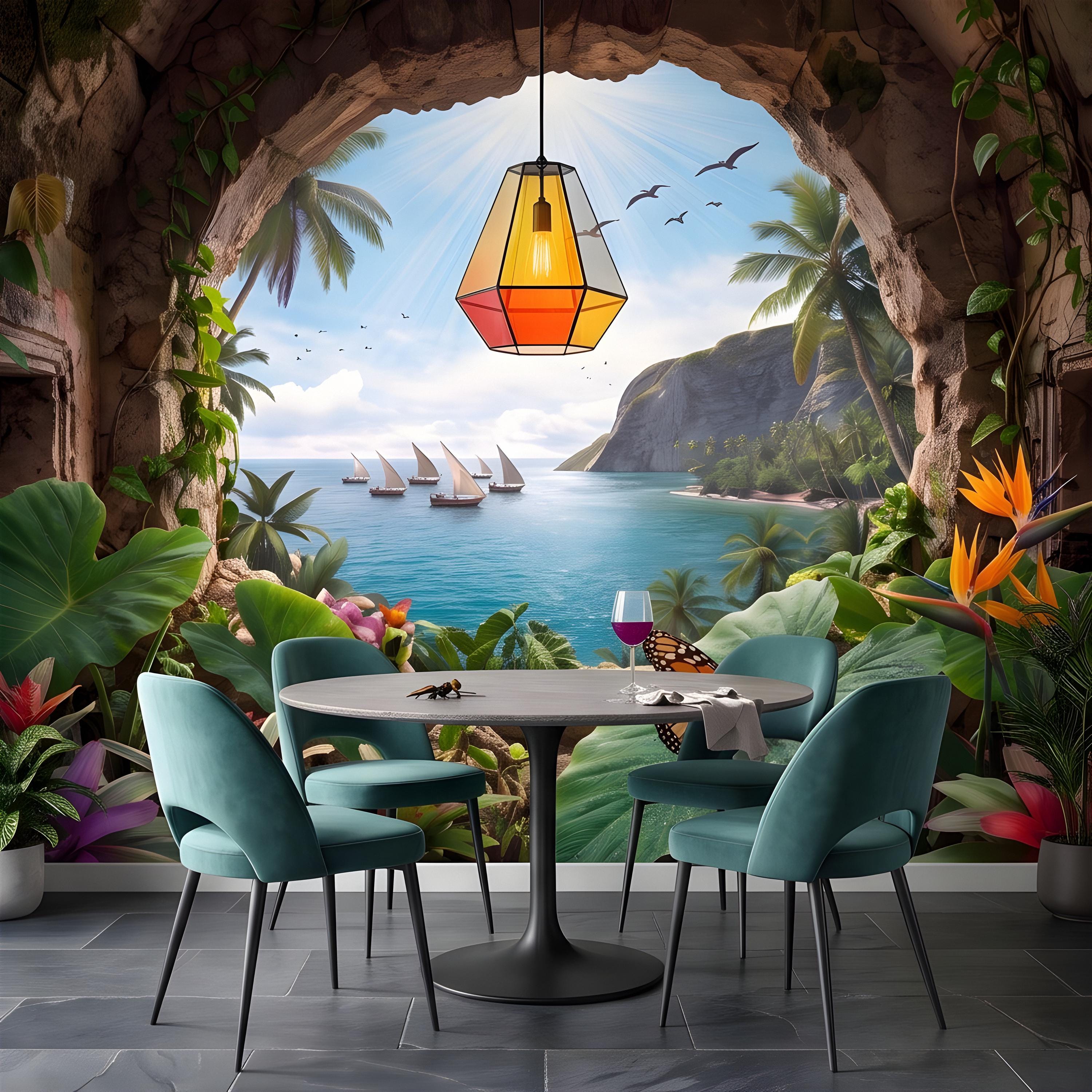 Tropical Cave Window Peel and Stick Wall Mural, Exotic Island Lagoon View, Palm Paradise Coastline, Coastal Escape Wallpaper