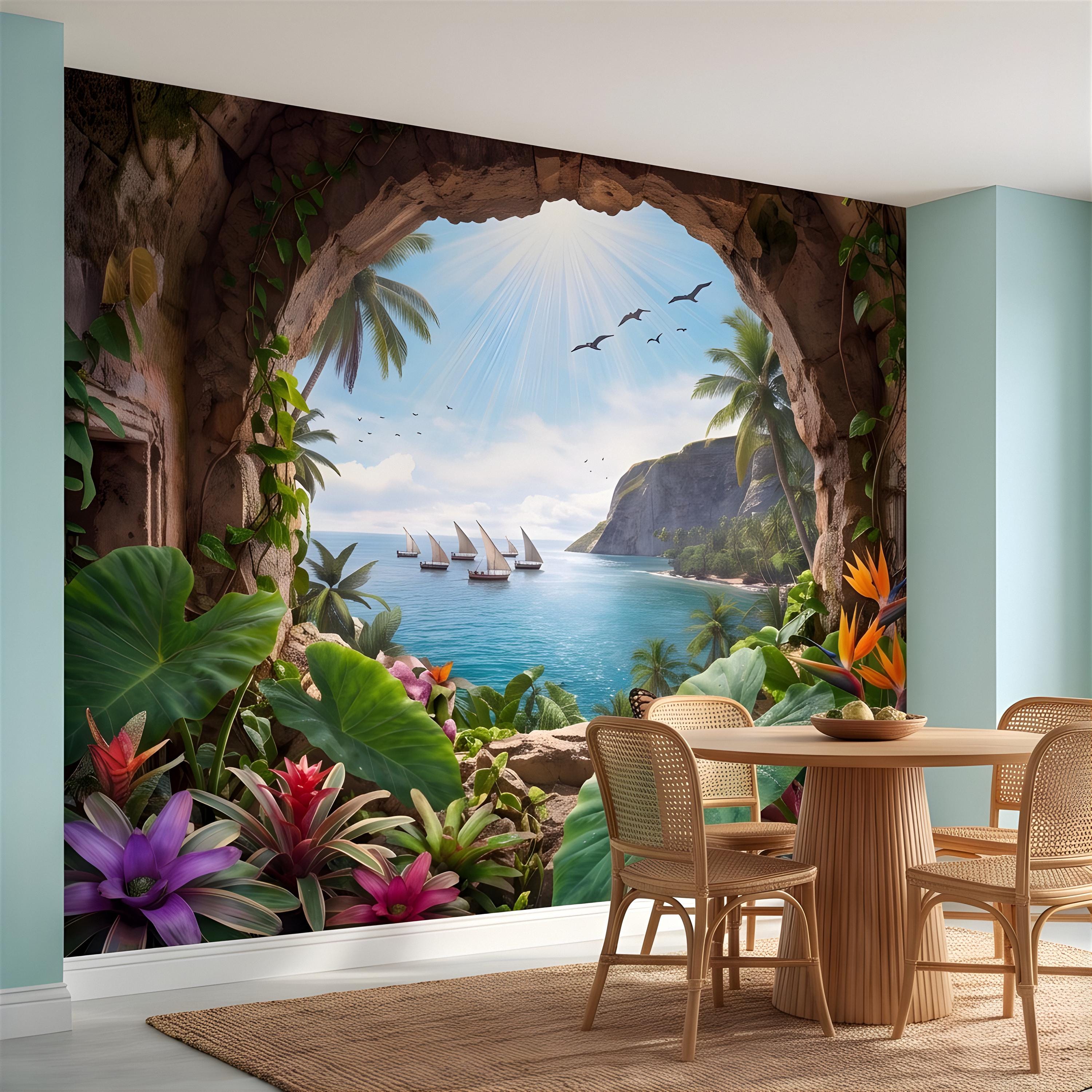 Tropical Cave Window Peel and Stick Wall Mural, Exotic Island Lagoon View, Palm Paradise Coastline, Coastal Escape Wallpaper