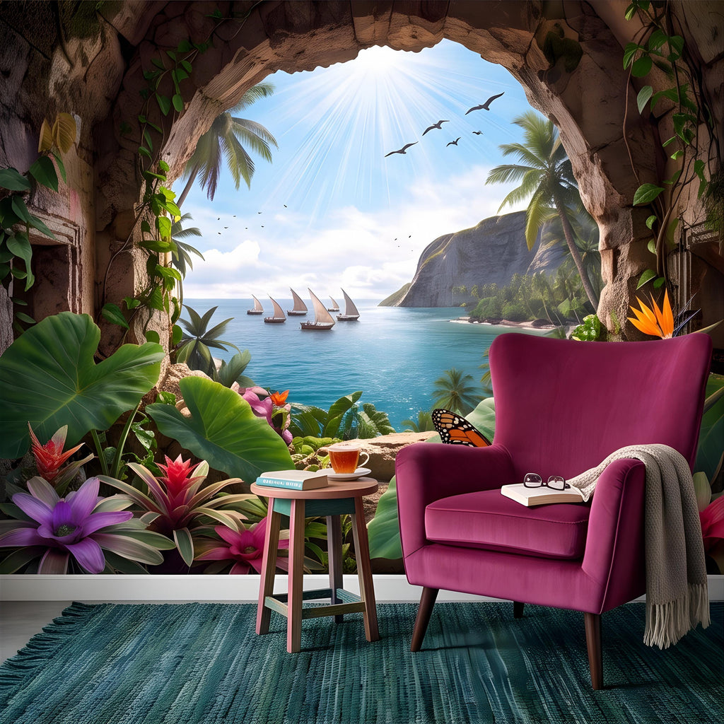 Tropical Cave Window Peel and Stick Wall Mural, Exotic Island Lagoon View, Palm Paradise Coastline, Coastal Escape Wallpaper