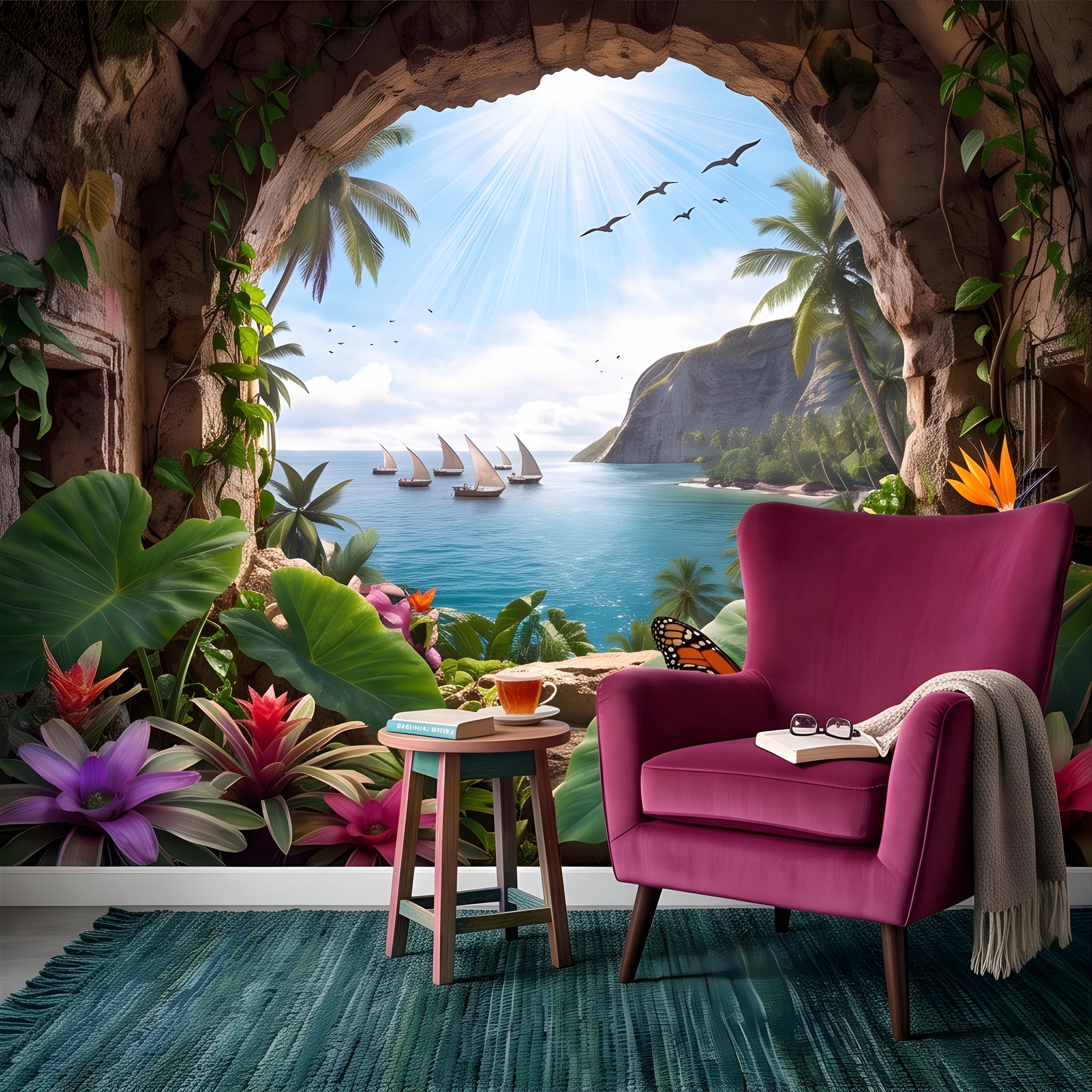 Tropical Cave Window Peel and Stick Wall Mural, Exotic Island Lagoon View, Palm Paradise Coastline, Coastal Escape Wallpaper