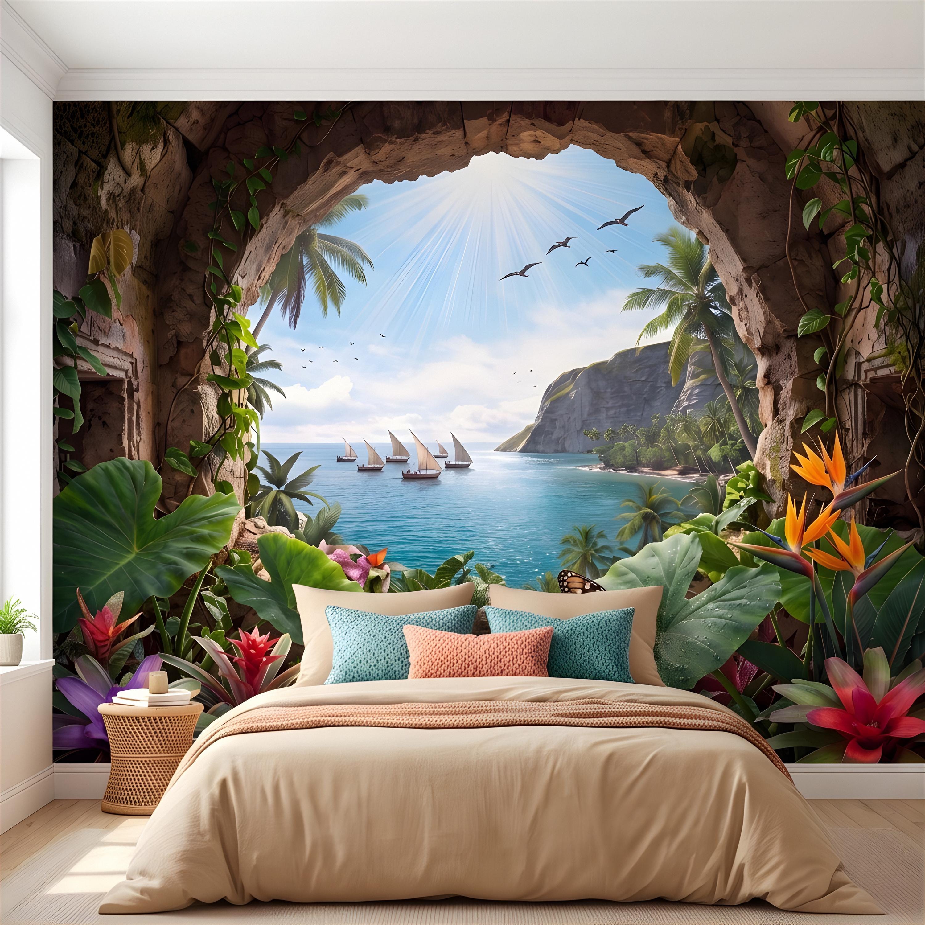 Tropical Cave Window Peel and Stick Wall Mural, Exotic Island Lagoon View, Palm Paradise Coastline, Coastal Escape Wallpaper