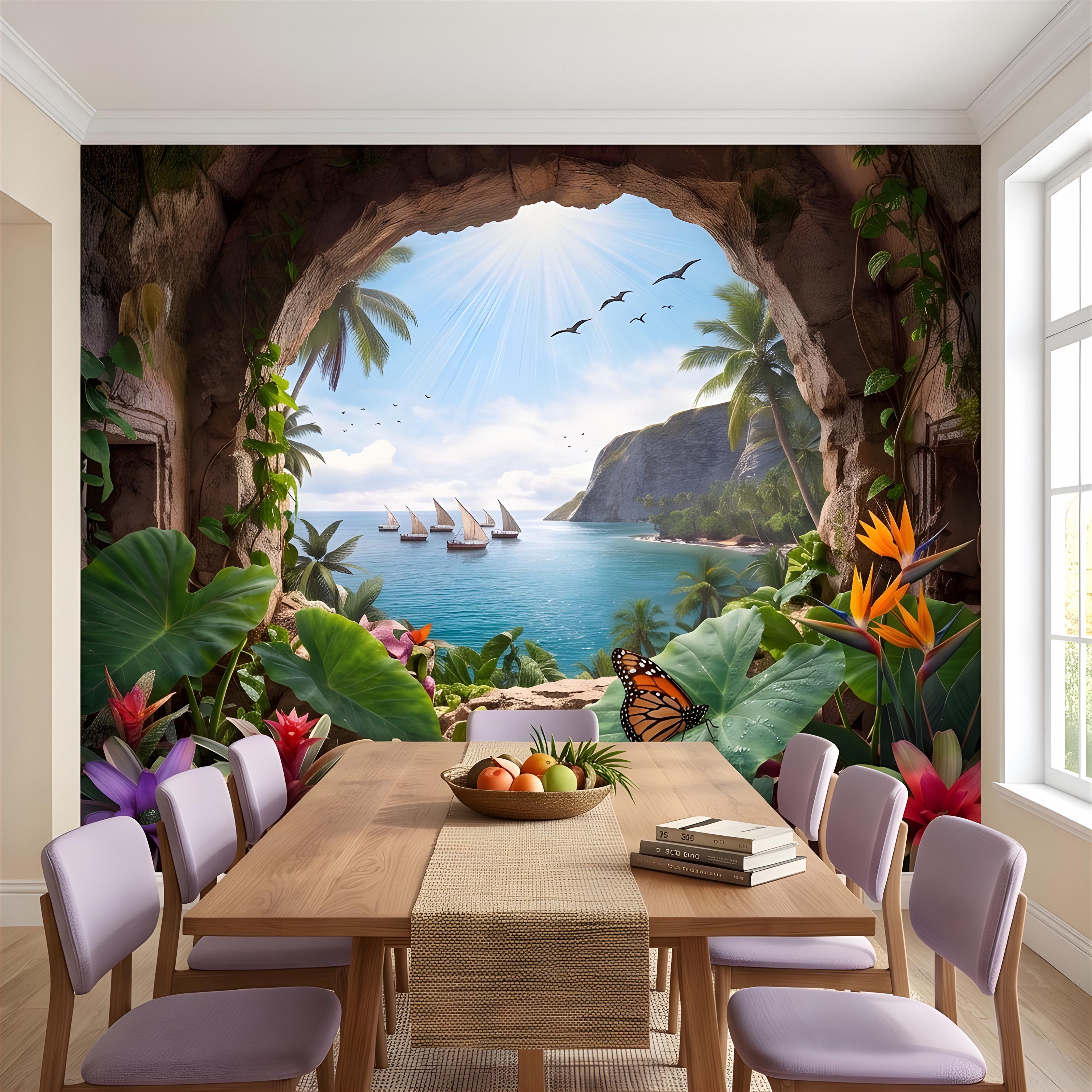 Tropical Cave Window Peel and Stick Wall Mural, Exotic Island Lagoon View, Palm Paradise Coastline, Coastal Escape Wallpaper
