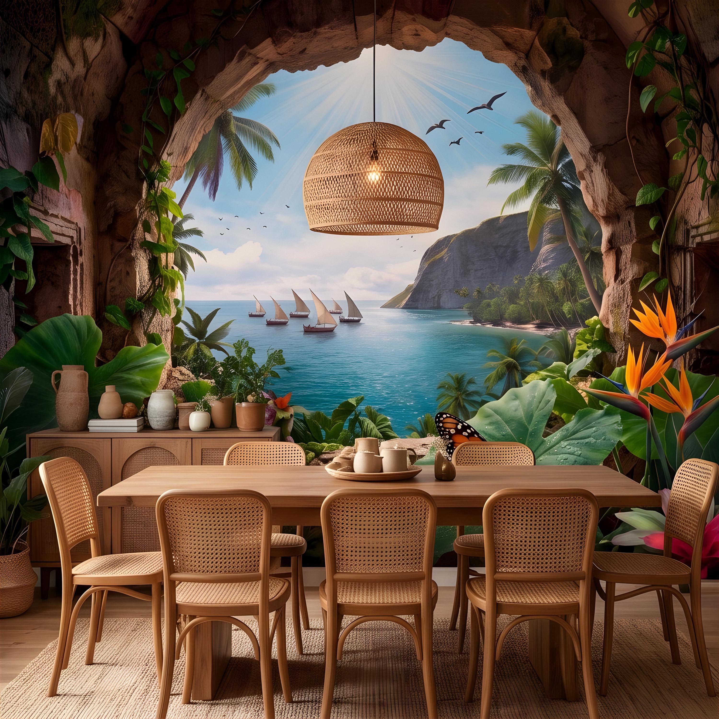 Tropical Cave Window Peel and Stick Wall Mural, Exotic Island Lagoon View, Palm Paradise Coastline, Coastal Escape Wallpaper
