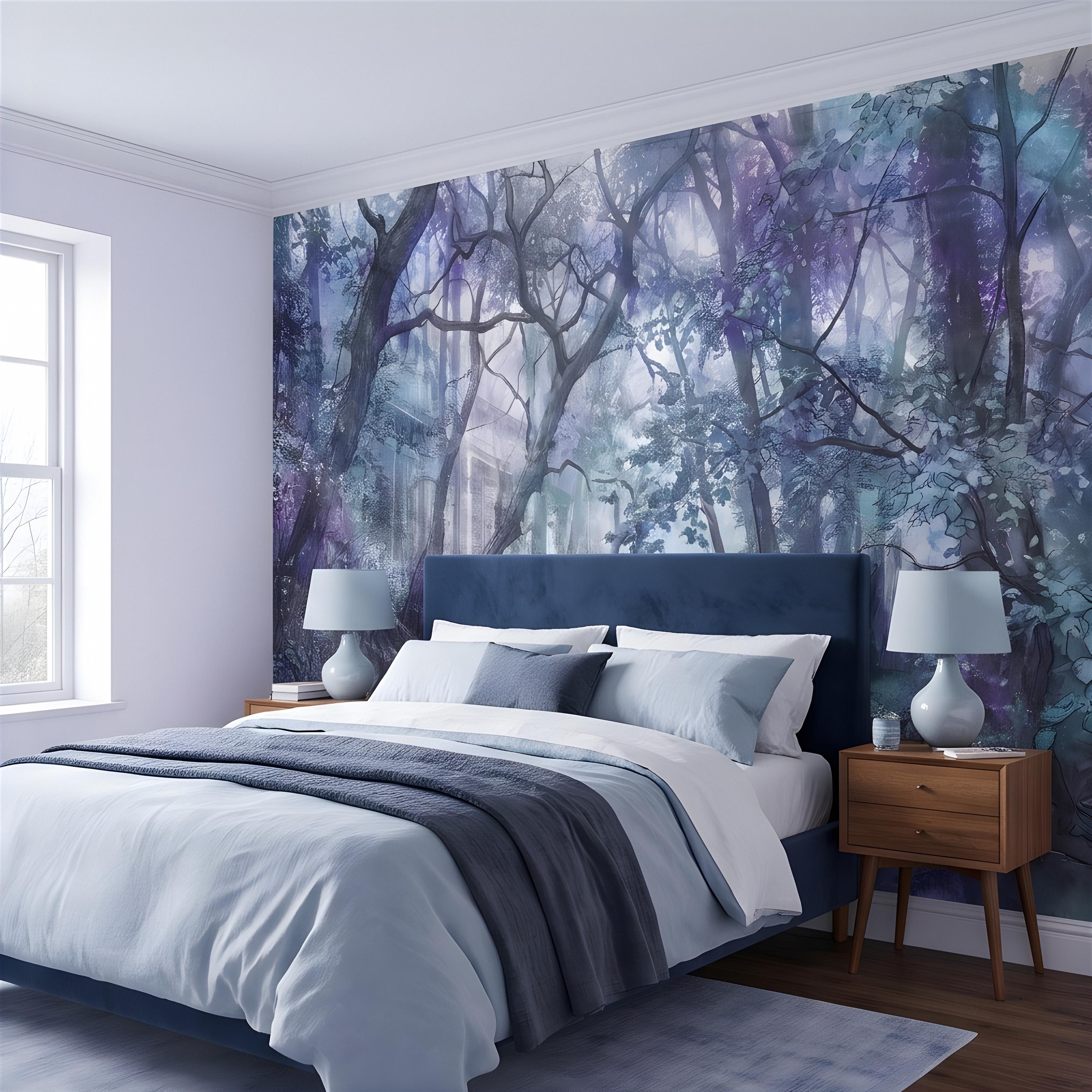 Enchanted Forest Peel and Stick Wall Mural, Misty Woodland Stream, Ethereal Fantasy Landscape, Watercolor Nature Wallpaper