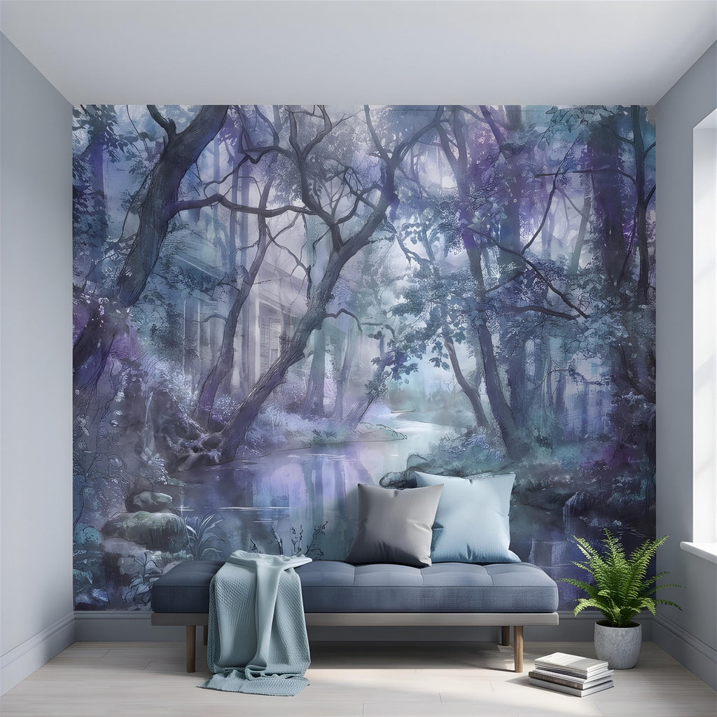 Enchanted Forest Peel and Stick Wall Mural, Misty Woodland Stream, Ethereal Fantasy Landscape, Watercolor Nature Wallpaper
