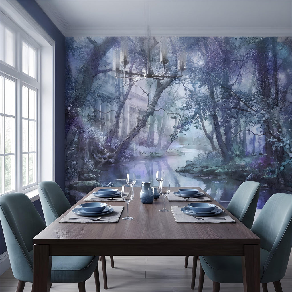 Enchanted Forest Peel and Stick Wall Mural, Misty Woodland Stream, Ethereal Fantasy Landscape, Watercolor Nature Wallpaper
