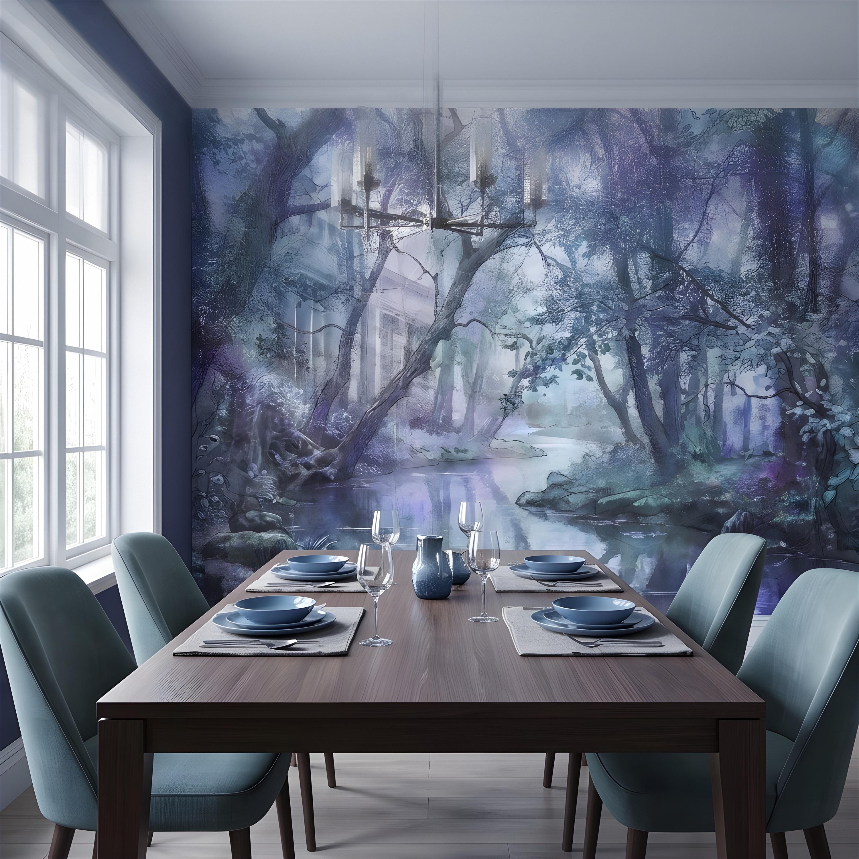 Enchanted Forest Peel and Stick Wall Mural, Misty Woodland Stream, Ethereal Fantasy Landscape, Watercolor Nature Wallpaper