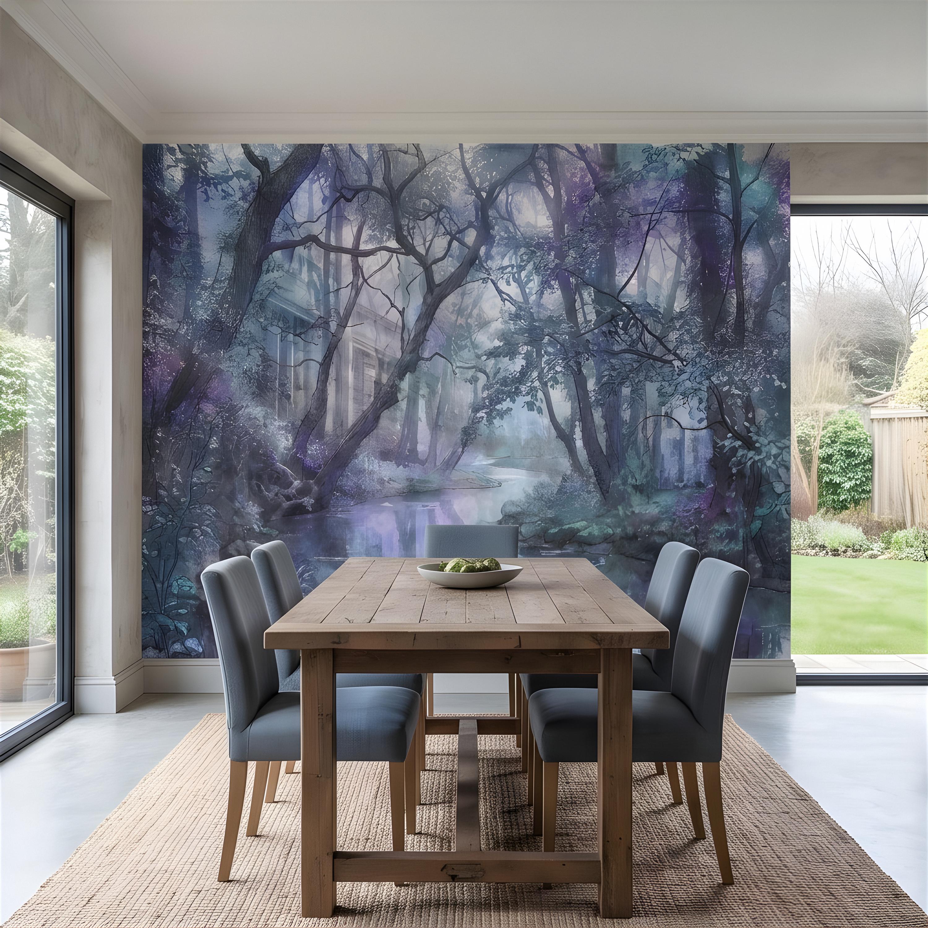 Enchanted Forest Peel and Stick Wall Mural, Misty Woodland Stream, Ethereal Fantasy Landscape, Watercolor Nature Wallpaper