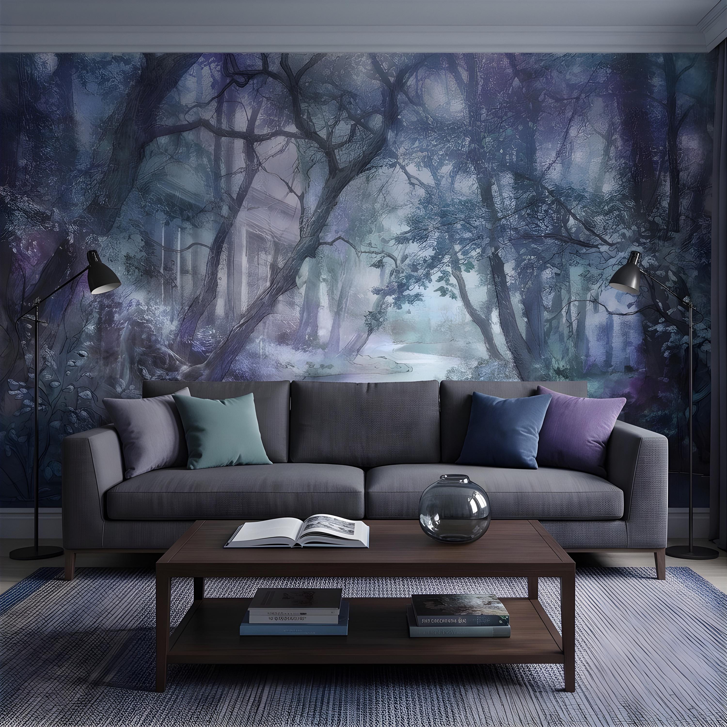 Enchanted Forest Peel and Stick Wall Mural, Misty Woodland Stream, Ethereal Fantasy Landscape, Watercolor Nature Wallpaper